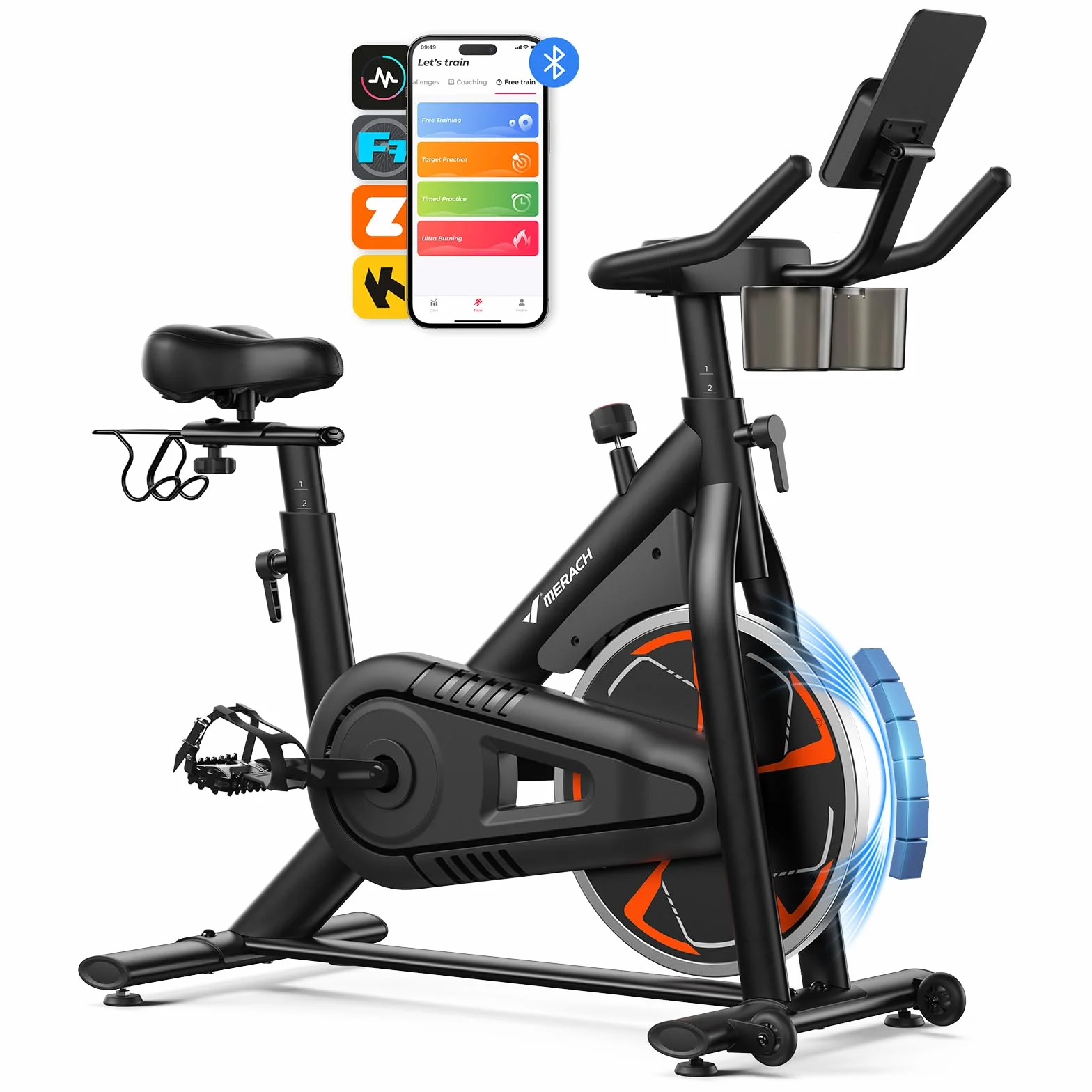 MERACH Bicicleta Estática con Resistencia Magnética, Bicicleta de Interior Silenciosa con Sillín de Aire Amortiguado, Monitor LED, App Propia, Marco en H Estable para Mayor Soporte, Capacidad 150KG