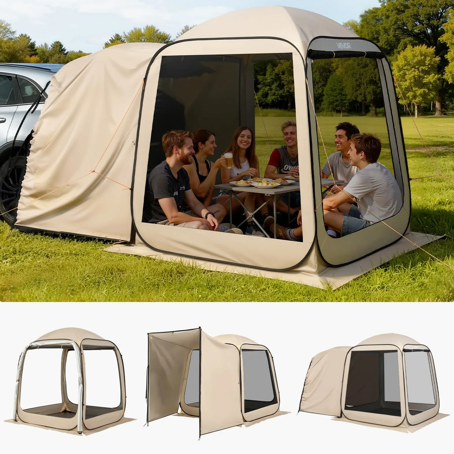 VEVOR Tienda de Campaña con Mosquitera, 1825 x 1825 x 2200 mm, 4-6 Personas, Plegable, para Portón Trasero SUV, con Bolsa de Transporte, Laterales de Malla, para Actividades al Aire Libre, Beige