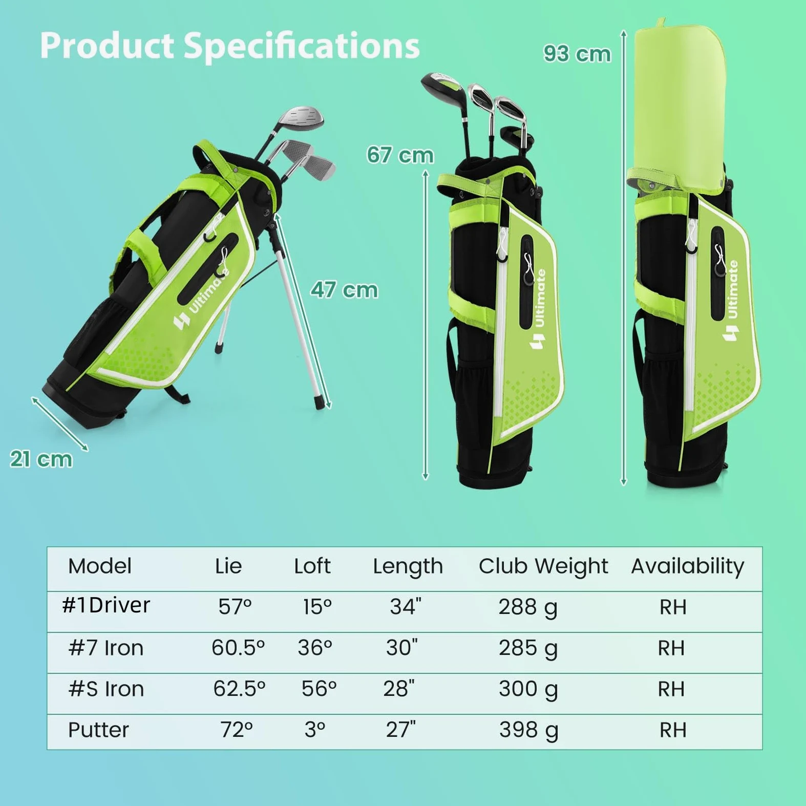 LIFEZEAL Juego Completo de Palos de Golf para niños, Bolsa de Golf portátil con 4 Palos, Bolsa Trolley Juvenil con Correas para el Hombro, Ideal para niños y niñas de 8 a 10 años