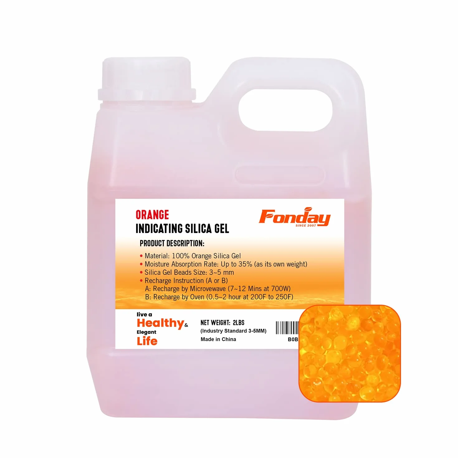 Fonday Premium Moisture Indicating Silica Gel Desiccant Beads Orange to Green 3-5 mm Rechargeable