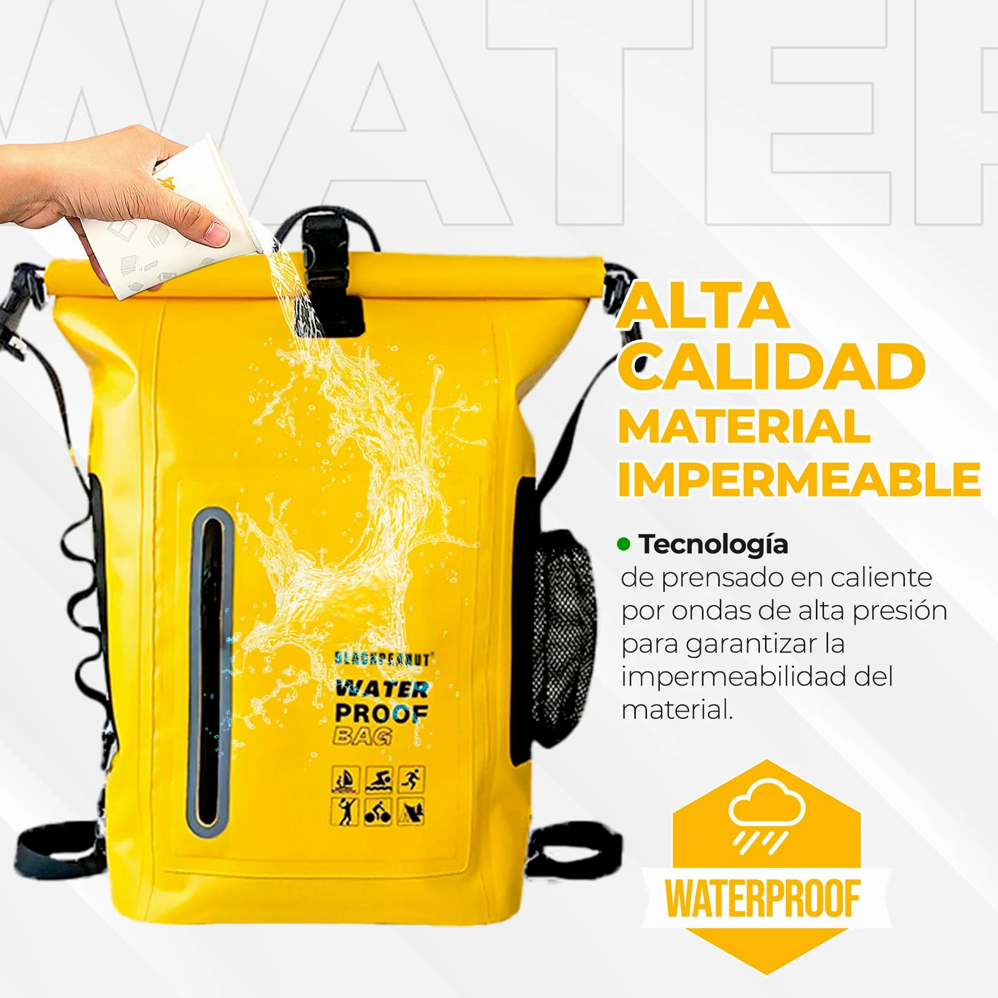 Mochila Estanca 25L Negro Bolsa Seca Impermeable Kayak Playa | Bolsillo exterior para botella, tirantes acolchados, dry bag ligero, pesca, paddle surf, camping y senderismo
