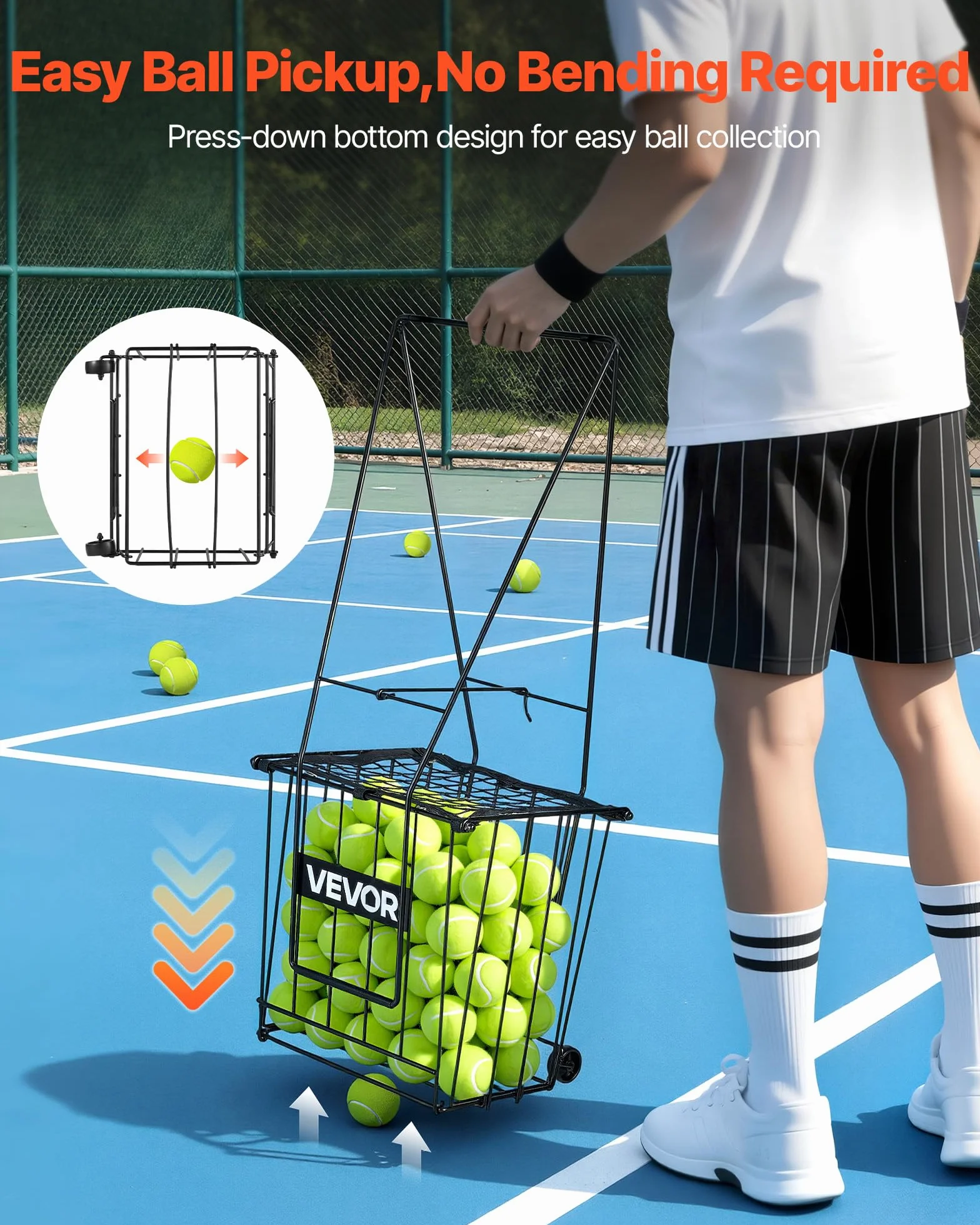 VEVOR Recogepelotas de Tenis con Ruedas y Mango, Capacidad para 75 Pelotas o 52 Pickleball, Cesta Portátil de Tenis con Soporte, Altura Ergonómica, Carro de Acero para Entrenamiento y Almacenamiento