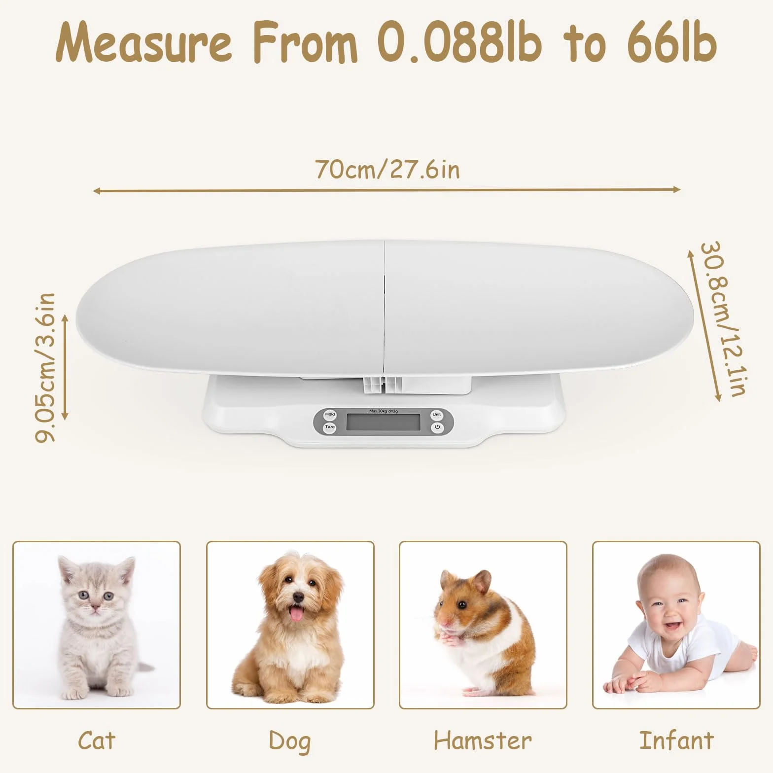 Báscula digital para animales con bandeja extraíble, pantalla LCD, función de tara, para bebés y niños pequeños