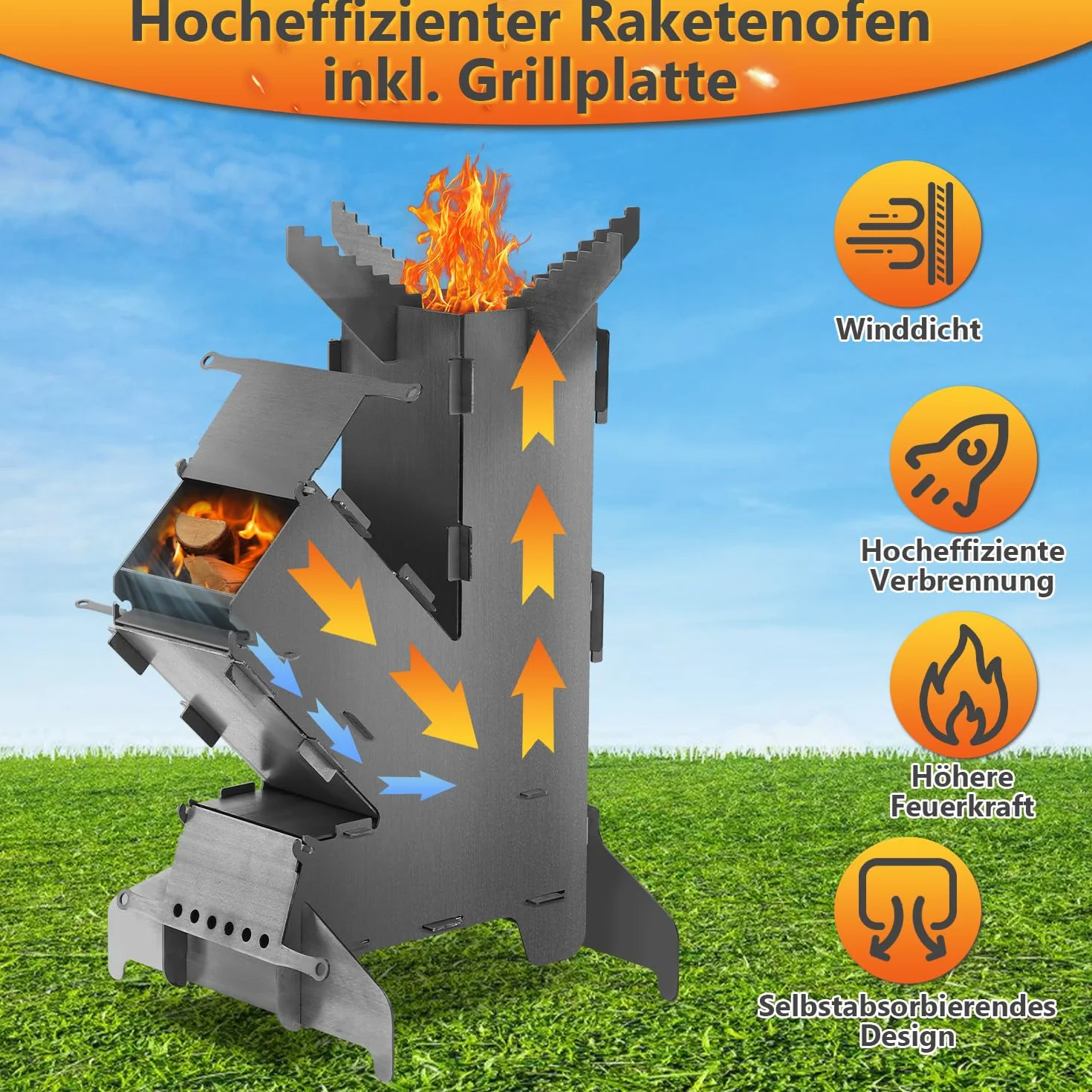Eulenke Horno de cohetes con placa de parrilla y gancho para fuego, sistema de conexión Rocket Stove de acero de 3 mm de grosor, estufa de cohetes, estufa de leña, estufa de camping, estufa de cañón