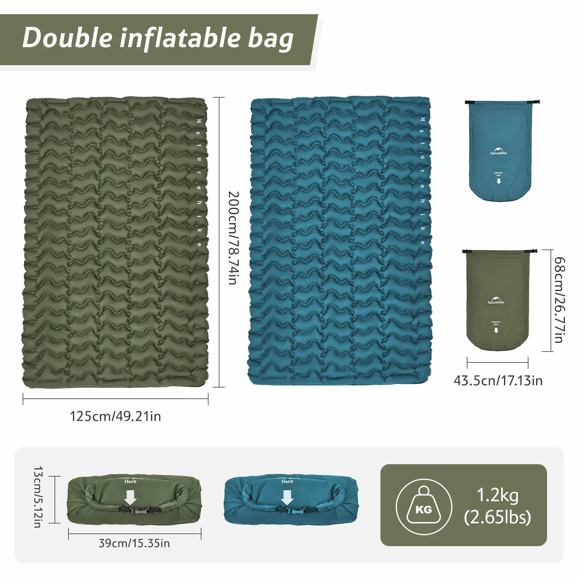 Naturehike Colchoneta hinchable ultraligera, colchoneta de dormir ligera, para exteriores, compacta y resistente a la humedad, para mochilero, camping, nivel de entrada (azul oscuro - doble)