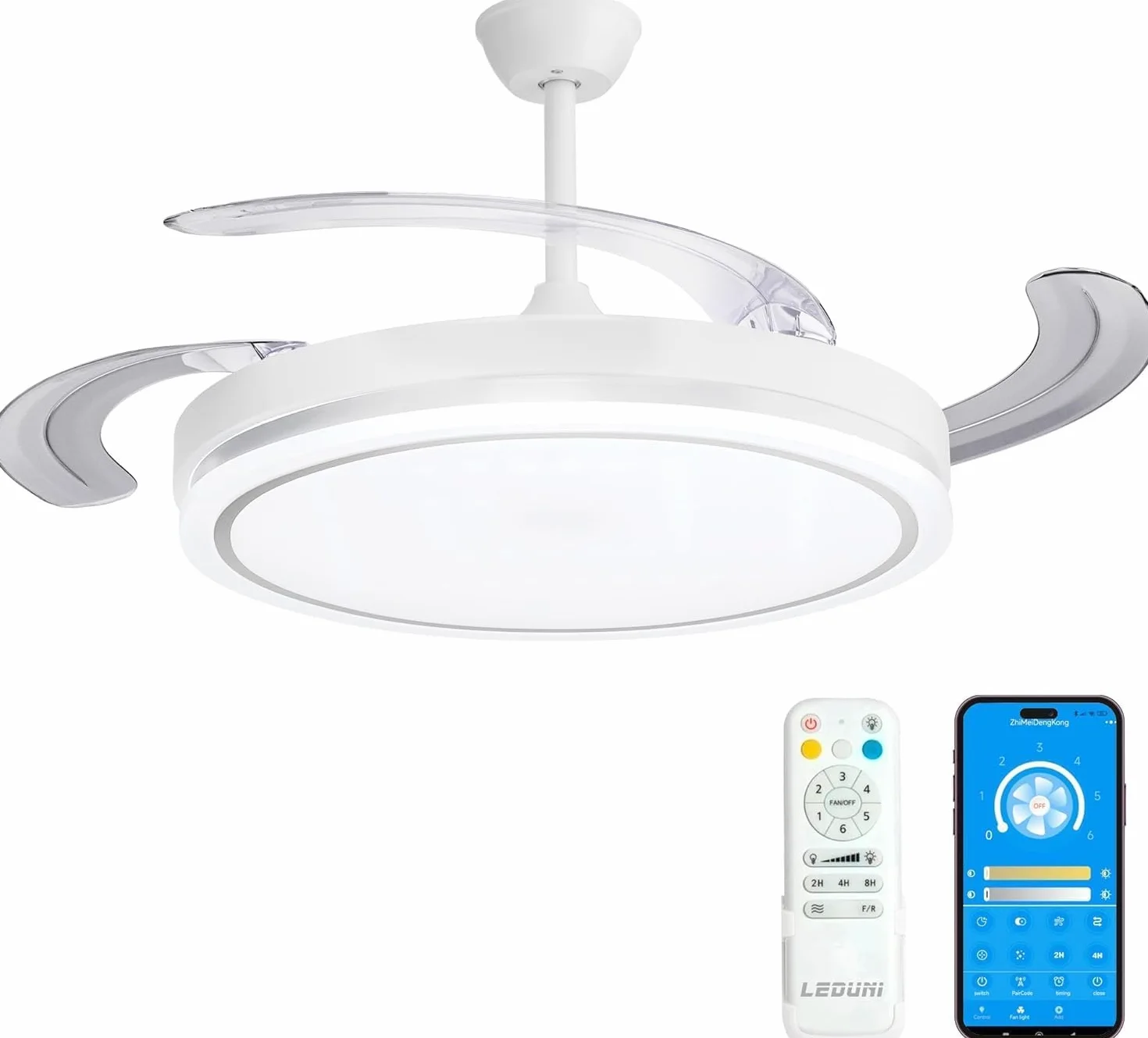 LEDUNI Ventilador de Techo LED con Aspas Retráctiles 66W 30W Motor DC 36W Luz 2880LM CCT 3000-6000K Control Remoto