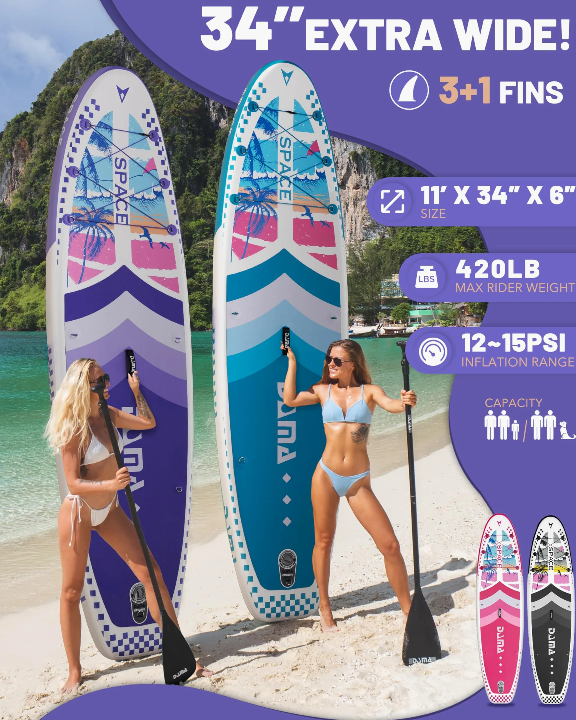 DAMA Tabla de remo inflable de 11 x 34 x 6 pulgadas, tablas de remo para adultos, ligeras y duraderas, fáciles de inflar, versátiles en estilo, totalmente funcionales, equipadas con accesorios de alta