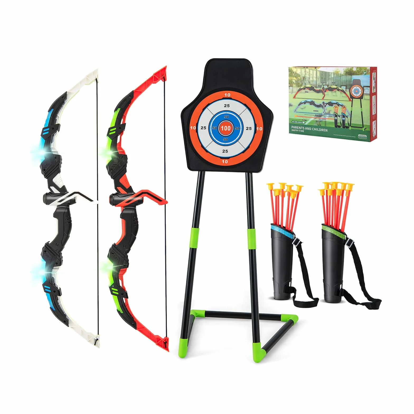 GOPLUS Juego de Arcos y Flechas para Niños, Set de Tiro con Arco LED con 20 Flechas con Ventosa, 2 Carcajs, Diana Desmontable, Set de Tiro al Aire Libre para Niños de 3 a 12 Años