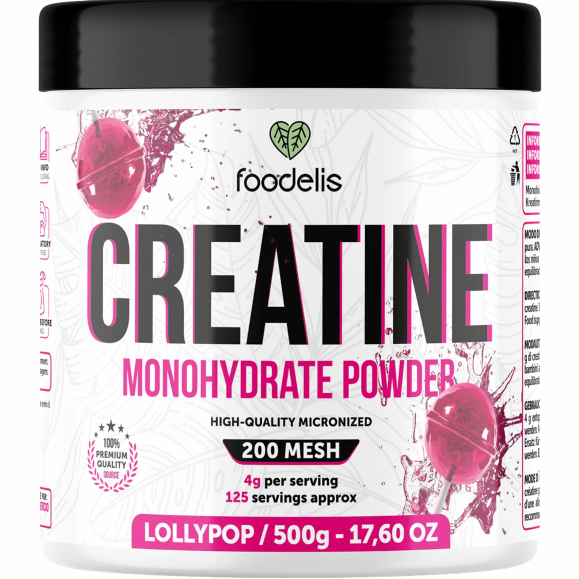 Foodelis Creatina Monohidratada en Polvo 500 g – Sabor Lollipop – Creatina Micronizada – Alta Pureza – Vegana