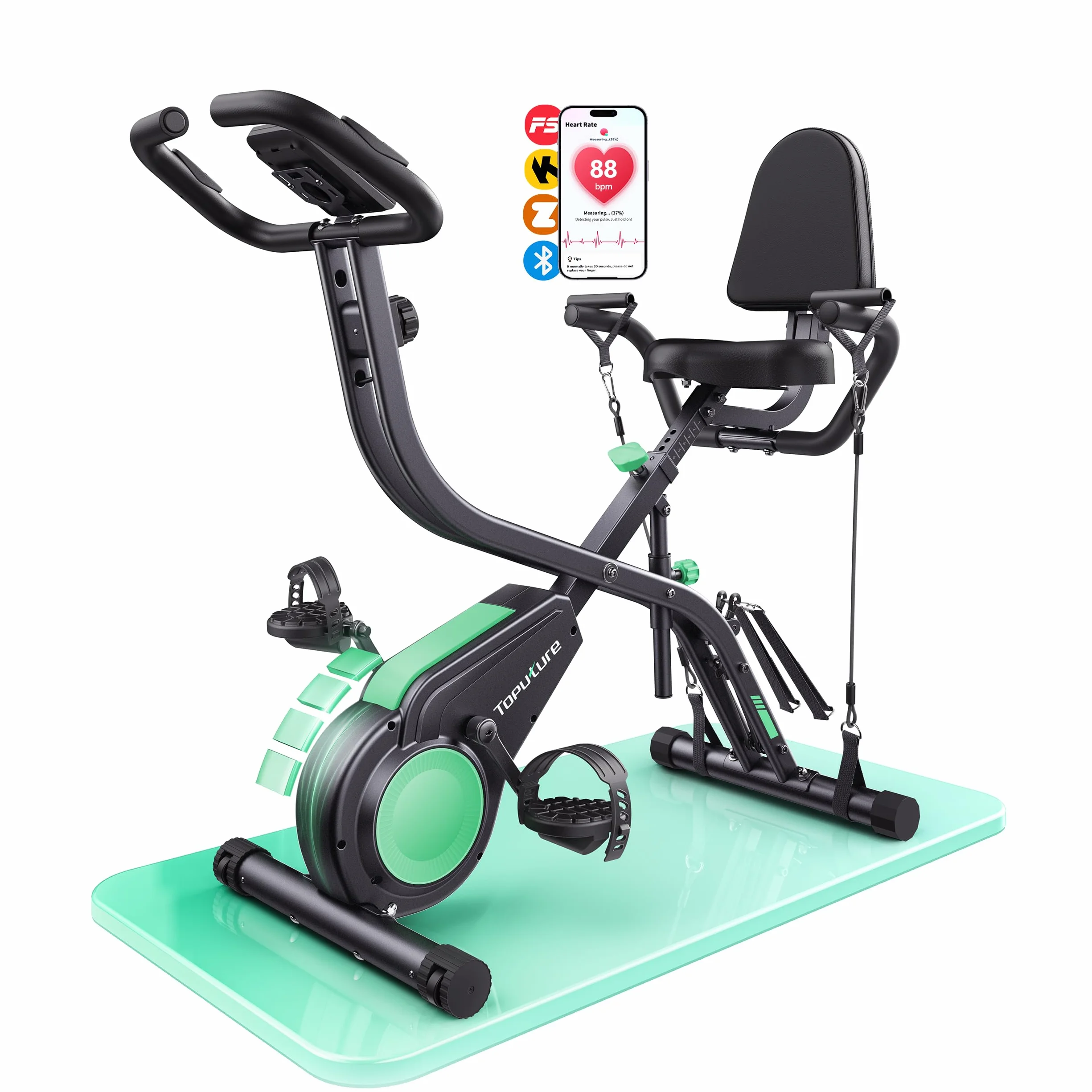 Toputure Bicicleta Estática 5 en 1 con App, Bici Estática Plegable para Casa y Espacios Reducidos, 16 Niveles Magnética Silenciosa, con Bandas de resistencia, Respaldo y Pulsómetro, Máx 140KG
