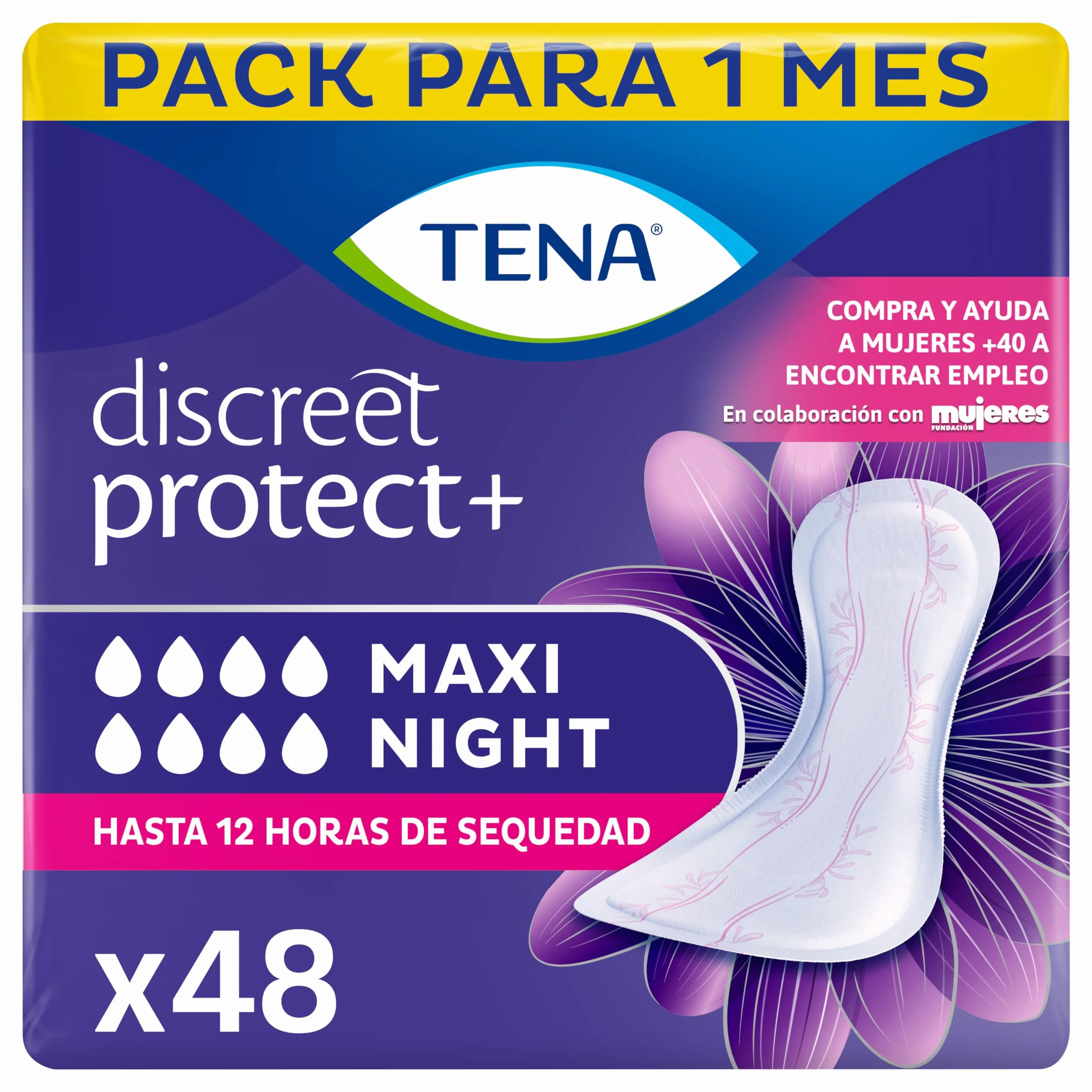 TENA Discreet Protect+ Maxi Night 48 Compresas Nocturnas Mujer Máxima Protección Absorción InstaDRY