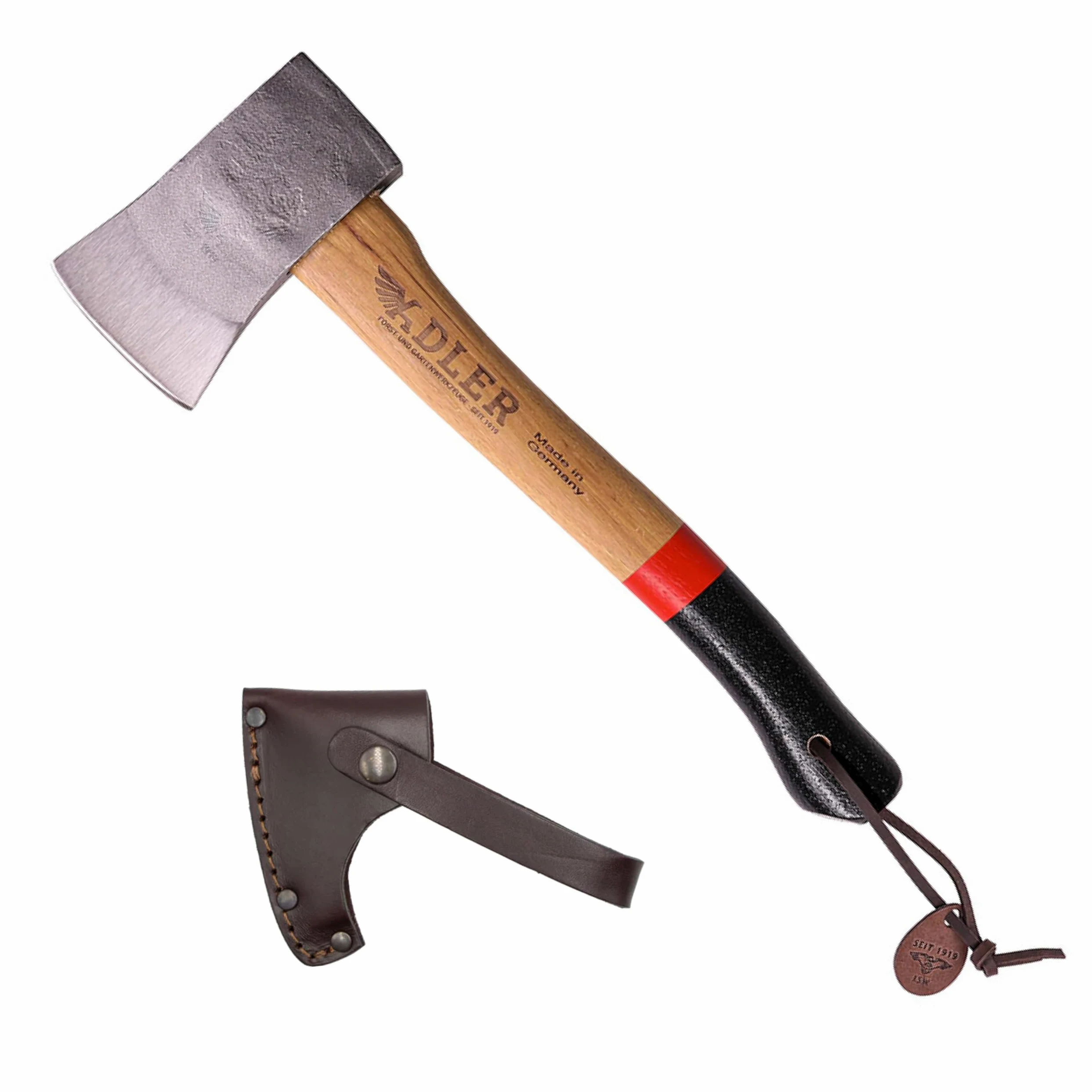 Adler Yankee Hatchet – alemán fabricado con un mango de 15 pulgadas recubierto con pintura de agarre antideslizante – 1,5 libras de peso de la cabeza Funda de piel y bolsa de almacenamiento de