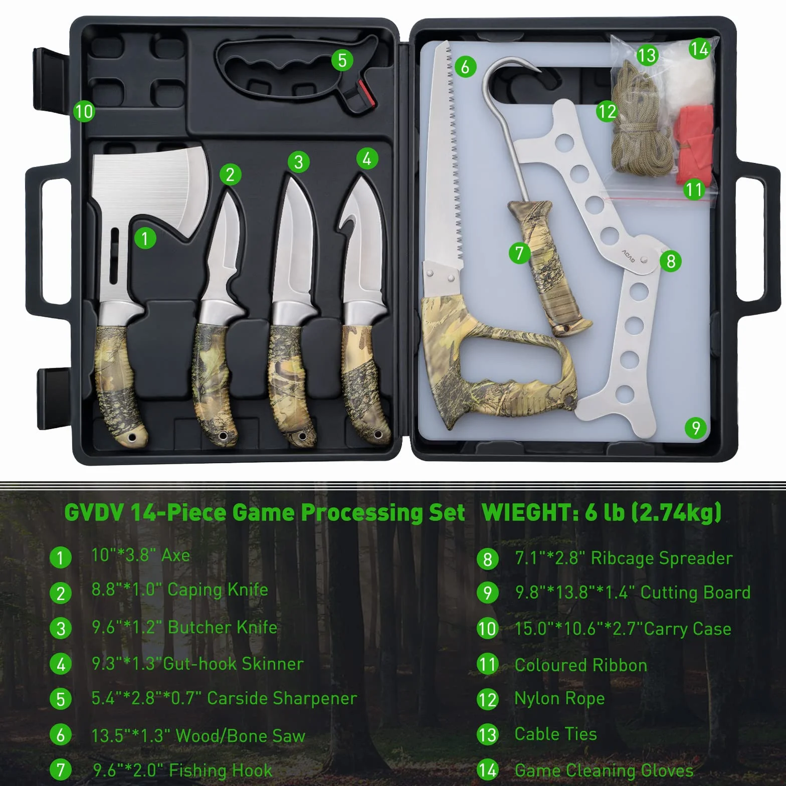 GVDV 14 Piezas Juego de Cuchillos de Caza, Cuchillo Desollador con Gancho para el Intestino, Cuchillo de Capa, Hacha, Sierra para Madera/hueso y Más