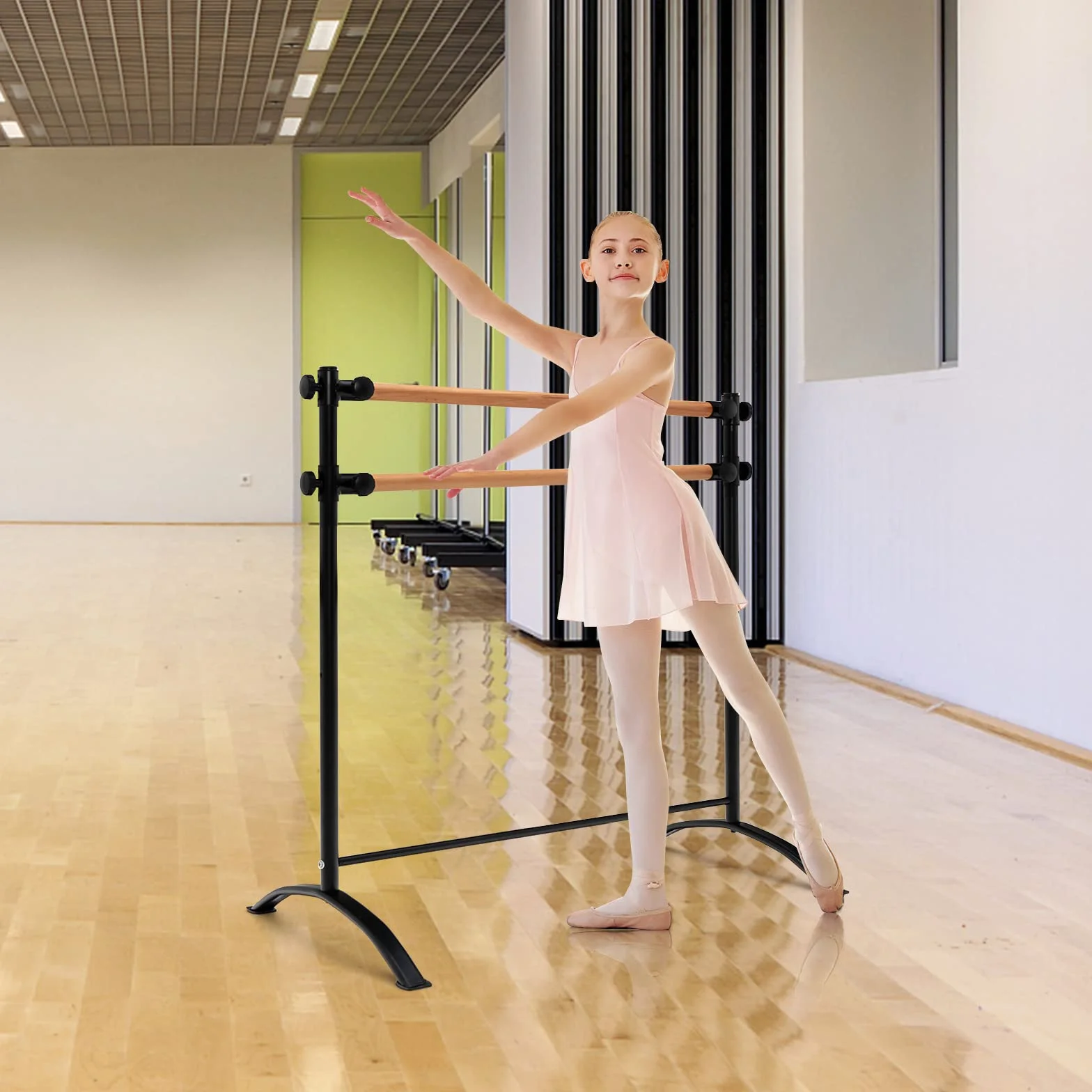 GOPLUS Barras de Ballet Portátil de 122 CM, Barra de Baile Independiente con Alturas Ajustables de 4 Posiciones, 2 Barras de Madera Maciza, Marco de Metal Resistente, Doble Barra de Ballet