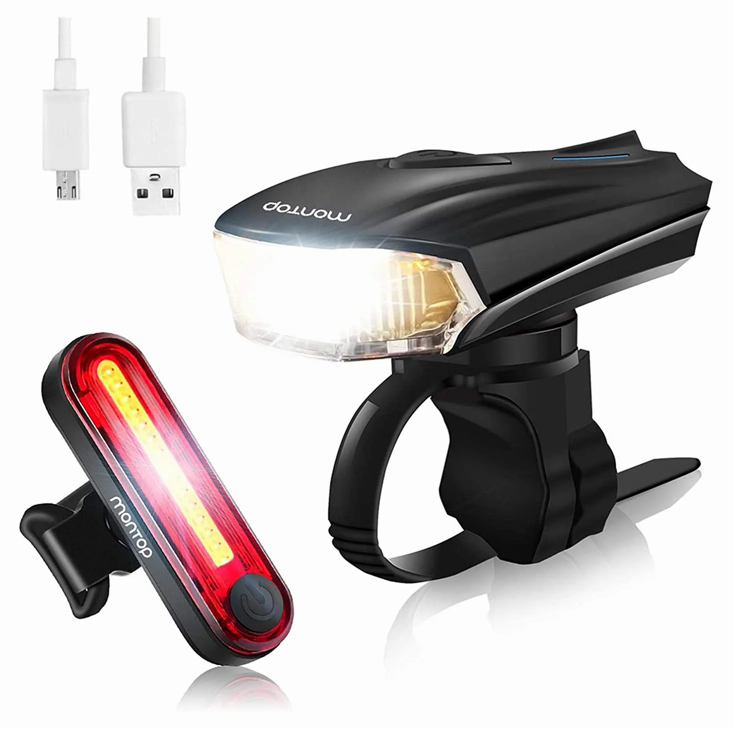 Conjunto de LED de luz de Bicicleta, Luces de Bicicleta LED USB Recargable, Faro Frontal Impermeable y Juego de Luces traseras, lámpara de Bicicleta súper Brillante 1200mAh batería Ion Ion □