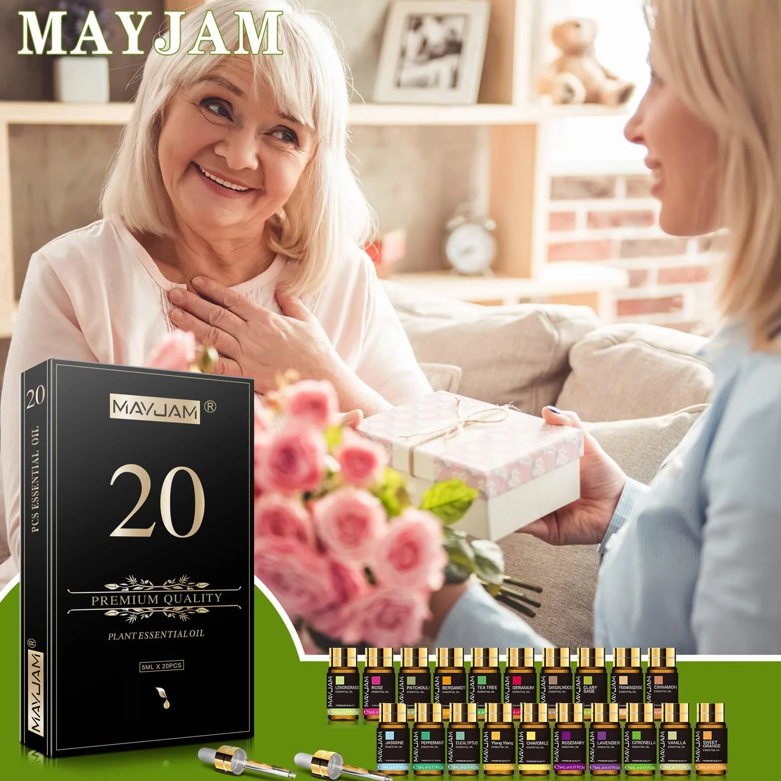 MAYJAM Juego De Aceites Esenciales 20pcs, Set De Regalo Para Difusor - Lavanda, Jazmín, Eucalipto, Vainilla, Sándalo, Naranja Dulce, Rosa, Bergamota