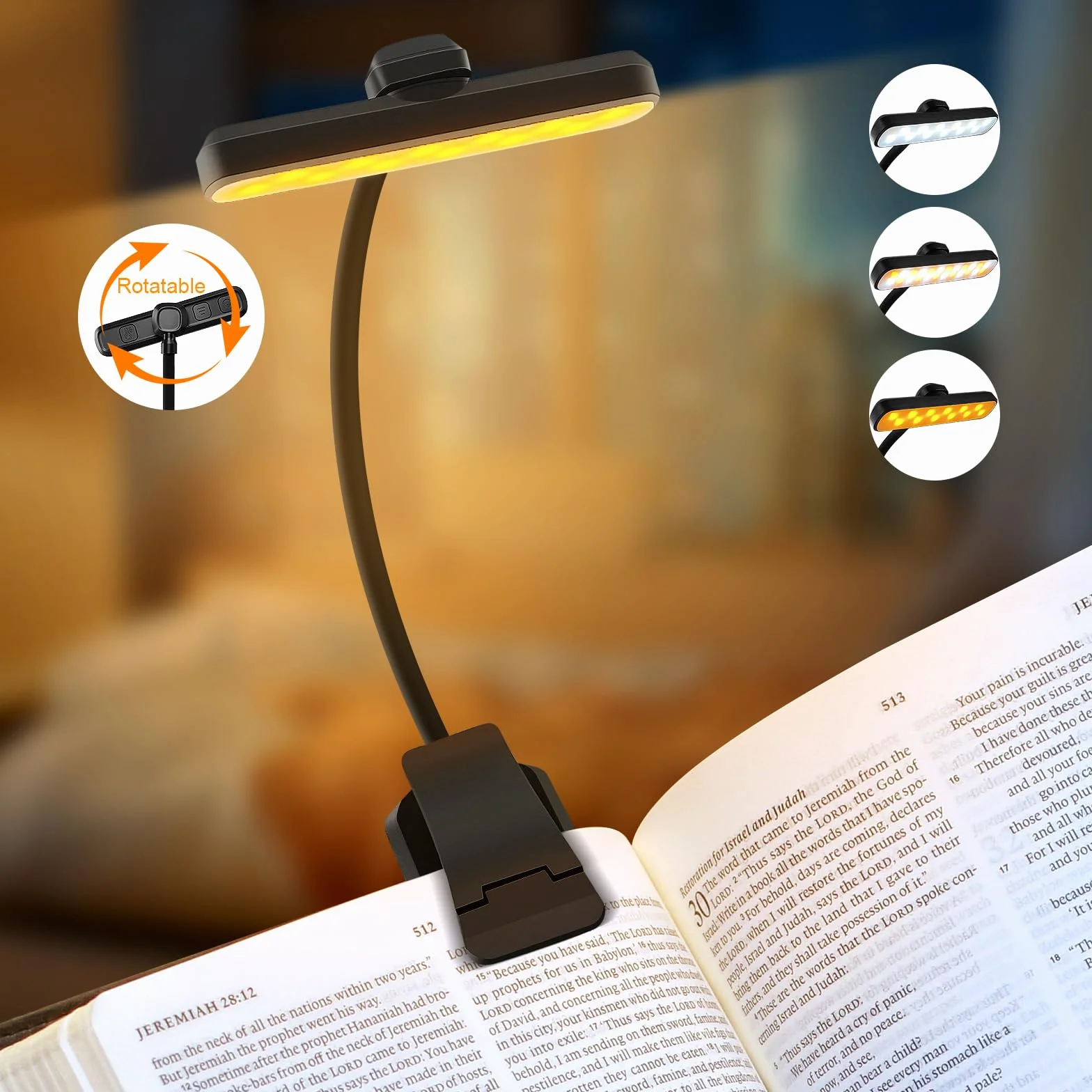 Karidi 24 LED Luz de Lectura Recargable 360°, USB-C, Pinza para Libros, 80H Cuidado Ocular, Negro