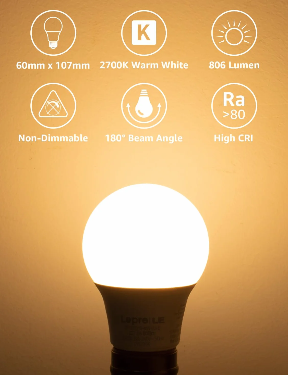 Lepro Bombilla LED E27 2700K 8.5W 806lm Ángulo 180° Pack de 3