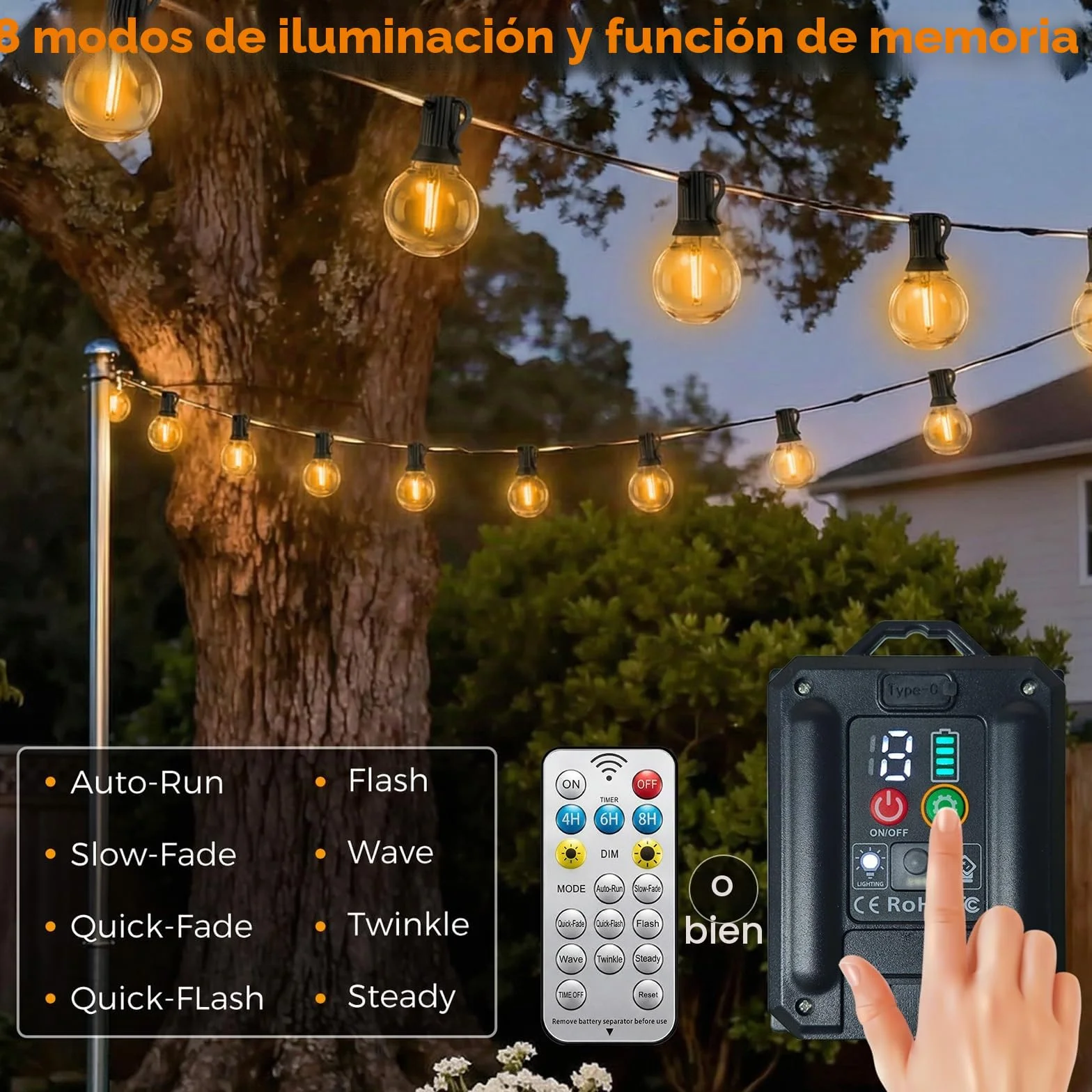 btfarm Guirnaldas Luces Exterior Solar Mando a Distancia 5M 10+1 G40 Bombillas LED Impermeable 8 Modos Blanco Cálido