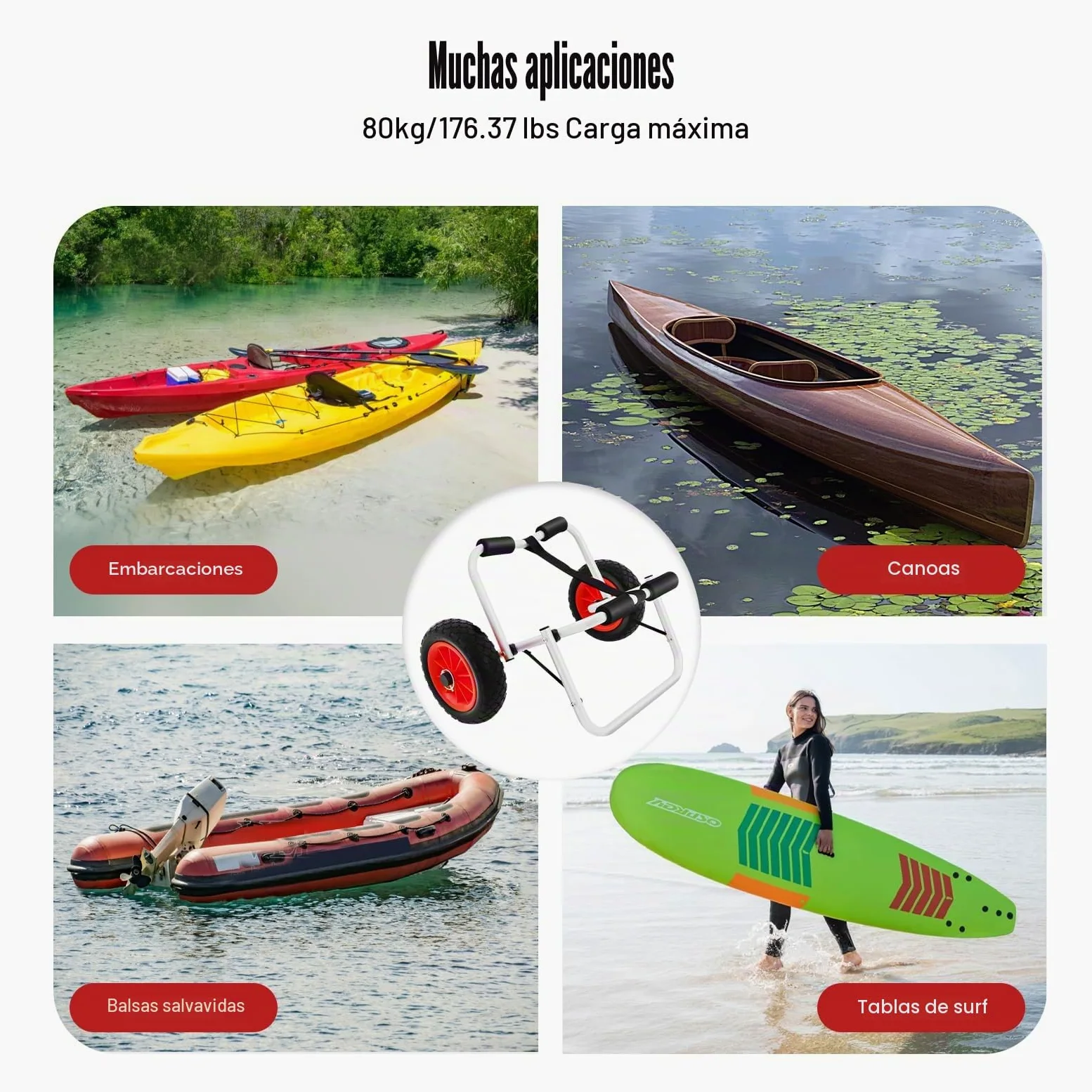 Carro de Kayak Plegable para Canoa, Carro Paddle Surf, Capacidad de Carga de 80 kg, Carro de Transporte de Aluminio para Tabla de Sup, Canoa y Barco, Ruedas de Poliuretano de 10 Pulgadas para
