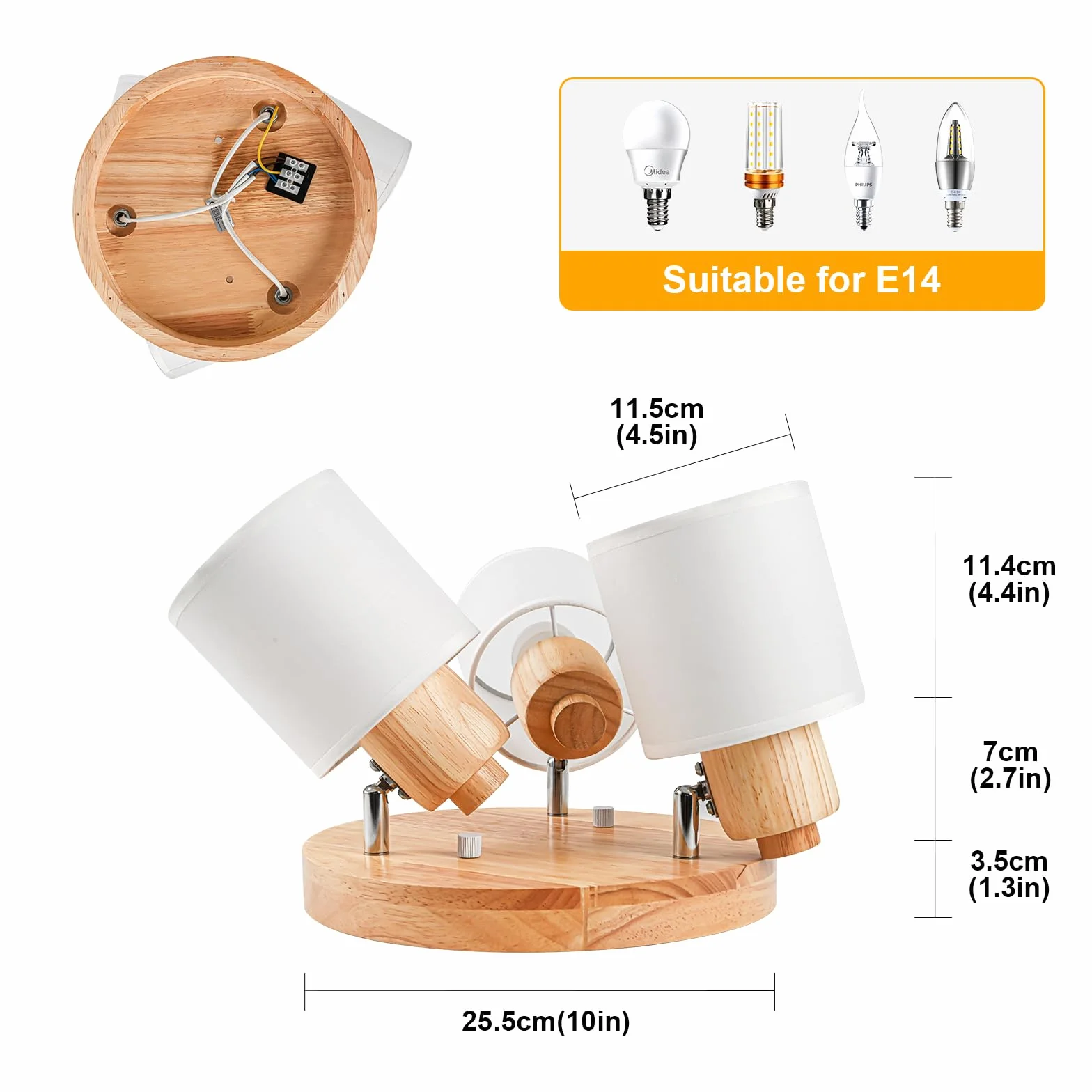 Lámpara de Techo 3 Focos Orientable Redonda Madera E14 Retro Aplique Pared Interior Giratorios
