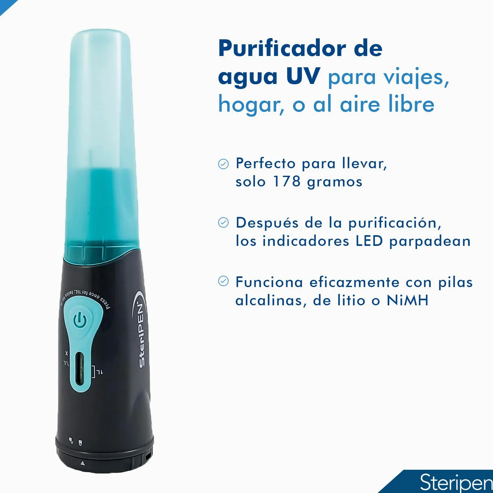 Purificador de agua SteriPen Aqua UV - Ideal para viajes y aventuras al aire libre - Elimina el 99,9% de virus, bacterias y protozoos en 90 segundos, de forma segura y sin productos químicos.