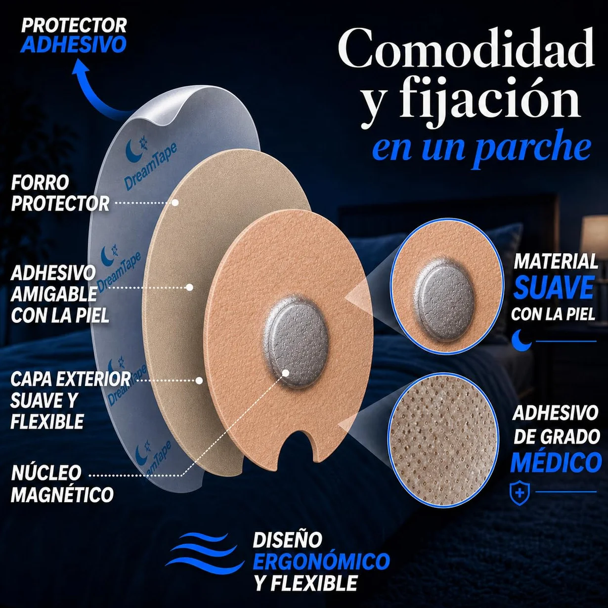 DreamTape® 60 Adhesivos Premium Médicos con Imán para Tiras Nasales Magnéticas – Parches Magnéticos Nasales Repuestos – Antirronquidos – 30 Usos