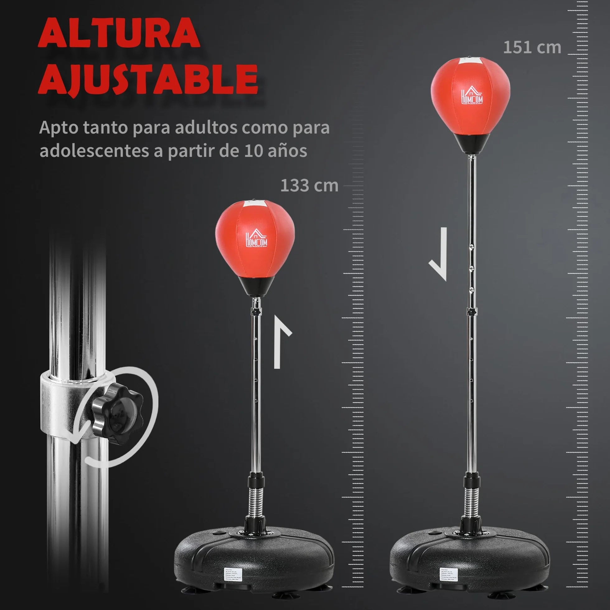 HOMCOM Saco de Boxeo de Pie con Altura Ajustable en 4 Niveles de 133-151 cm, Saco de Boxeo con Base Rellenable, Guantes e Inflador, para Adultos y Adolescentes