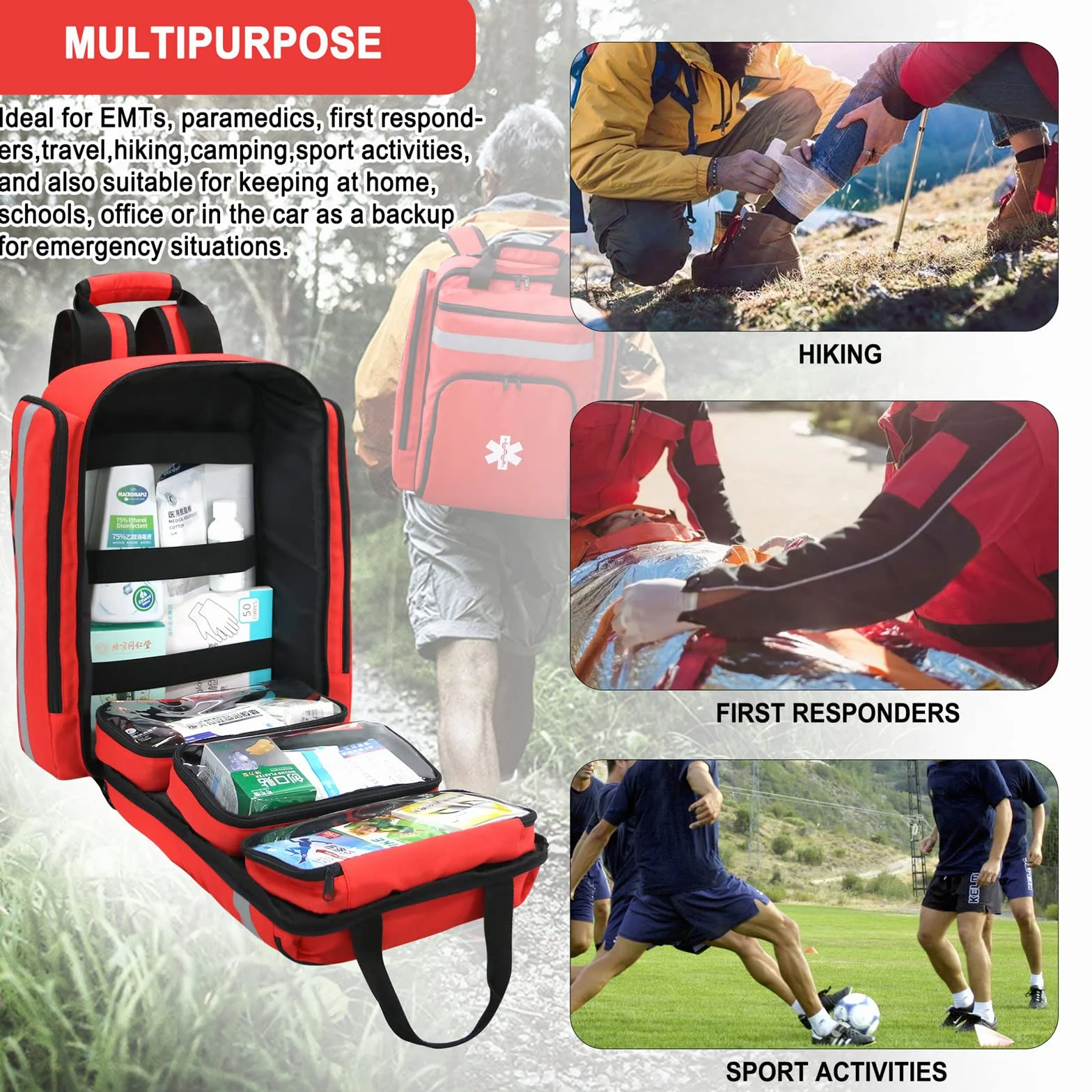 Mochila Médica de Emergencia Bolsa de Trauma Primeros Auxilios Reflectante Gran Capacidad Rojo