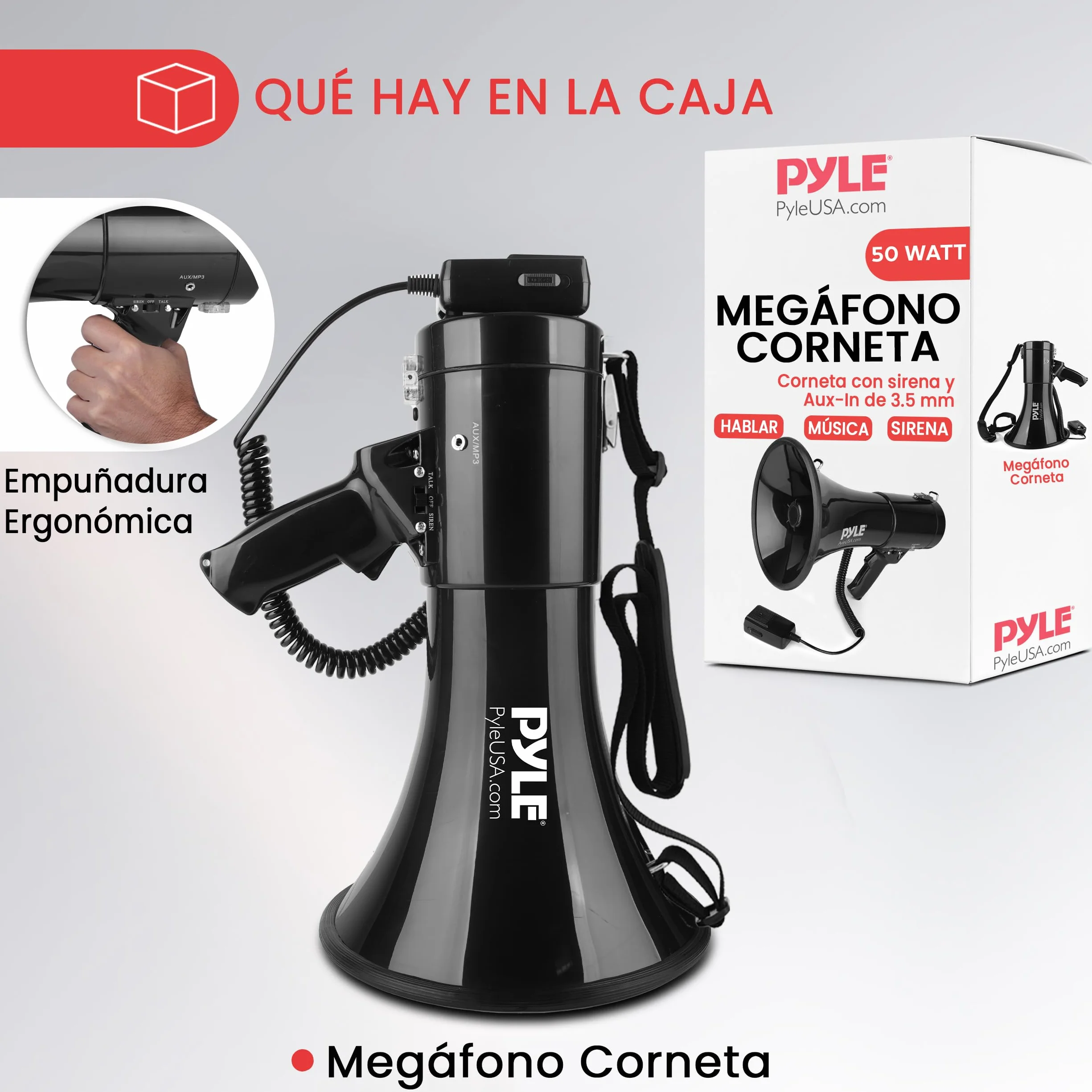 Pyle Megafono Portatil 50V Sirena Control de Volumen