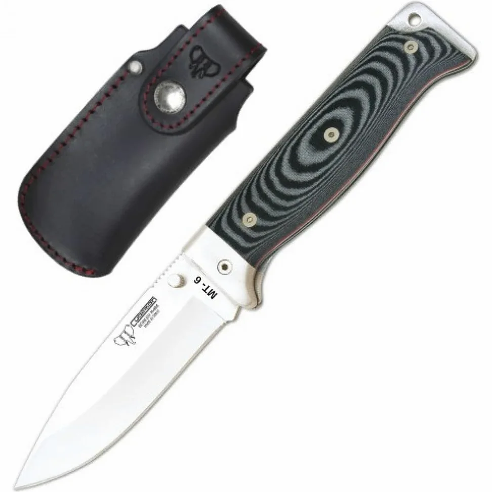 Cudeman Navaja 328-M MT-6 hoja de acero Böhler N-695 de 11 cm y empuñadura de micarta negra separadores rojos de 12,5 cm para caza, pesca, supervivencia y bushcraft + Portabotellas regalo