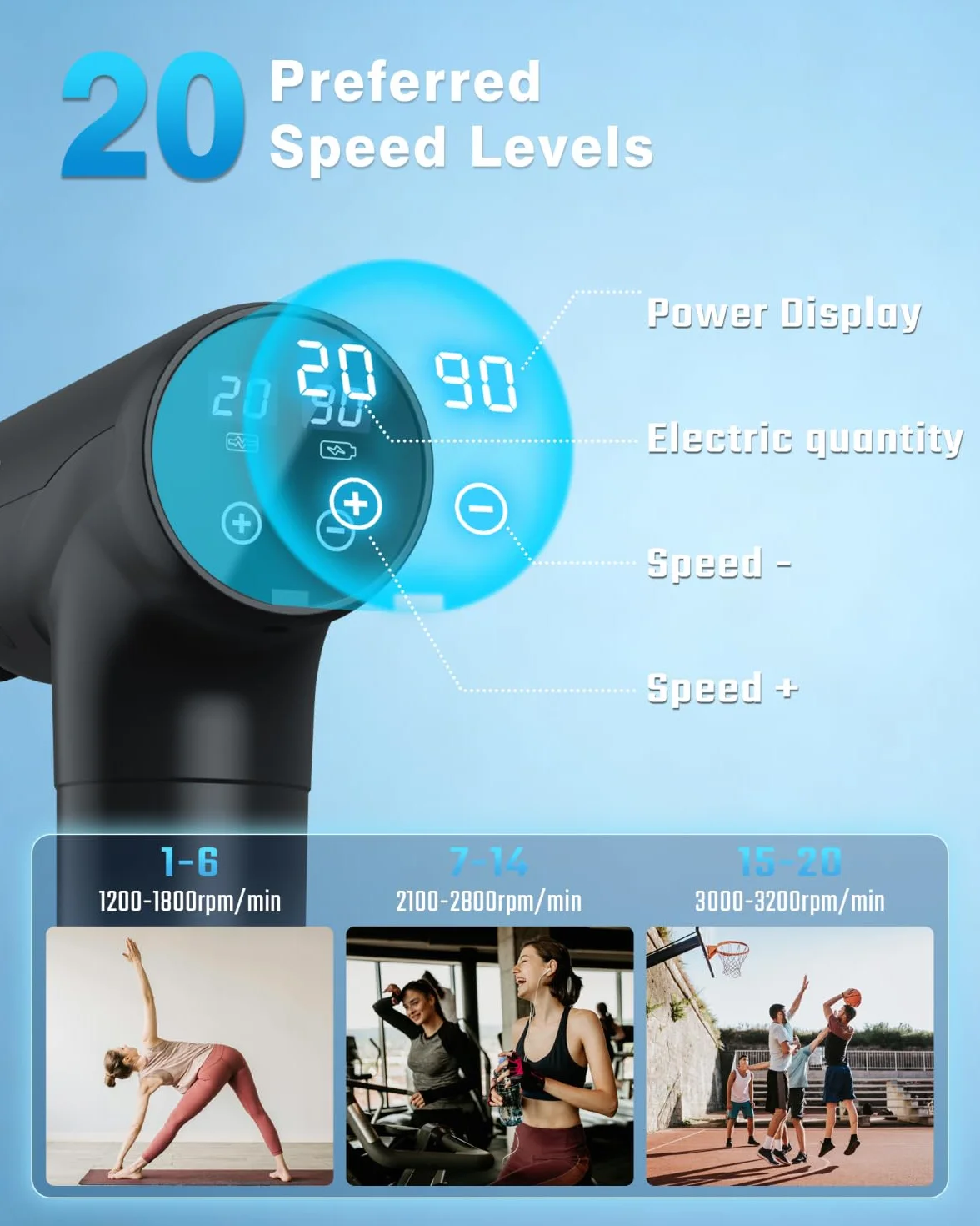 cotsoco Pistola de Masaje Muscular, Masajeador Eléctrico de Tejido Profundo con 20 Velocidades, 9 Cabezales, Pantalla LCD Táctil
