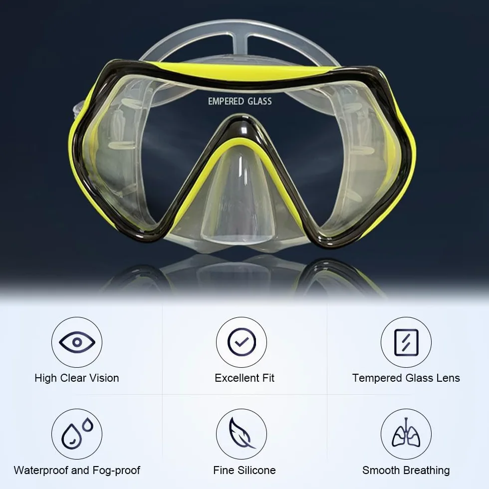 ACAGALA Gafas de buceo, tres ventanas, máscara de buceo de alta claridad con tubo de snorkel completamente seco y aletas ajustables para equipo de buceo para hombres y mujeres