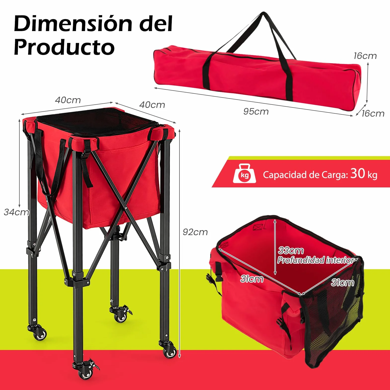 GYMAX Carrito para Pelotas de Tenis, con Marco de Aluminio y Bolsa de Transporte, Carrito de Tenis de hasta 30 kg, Carrito de Transporte para Pelotas de Tenis, Béisbol y Pelotas de Pickball