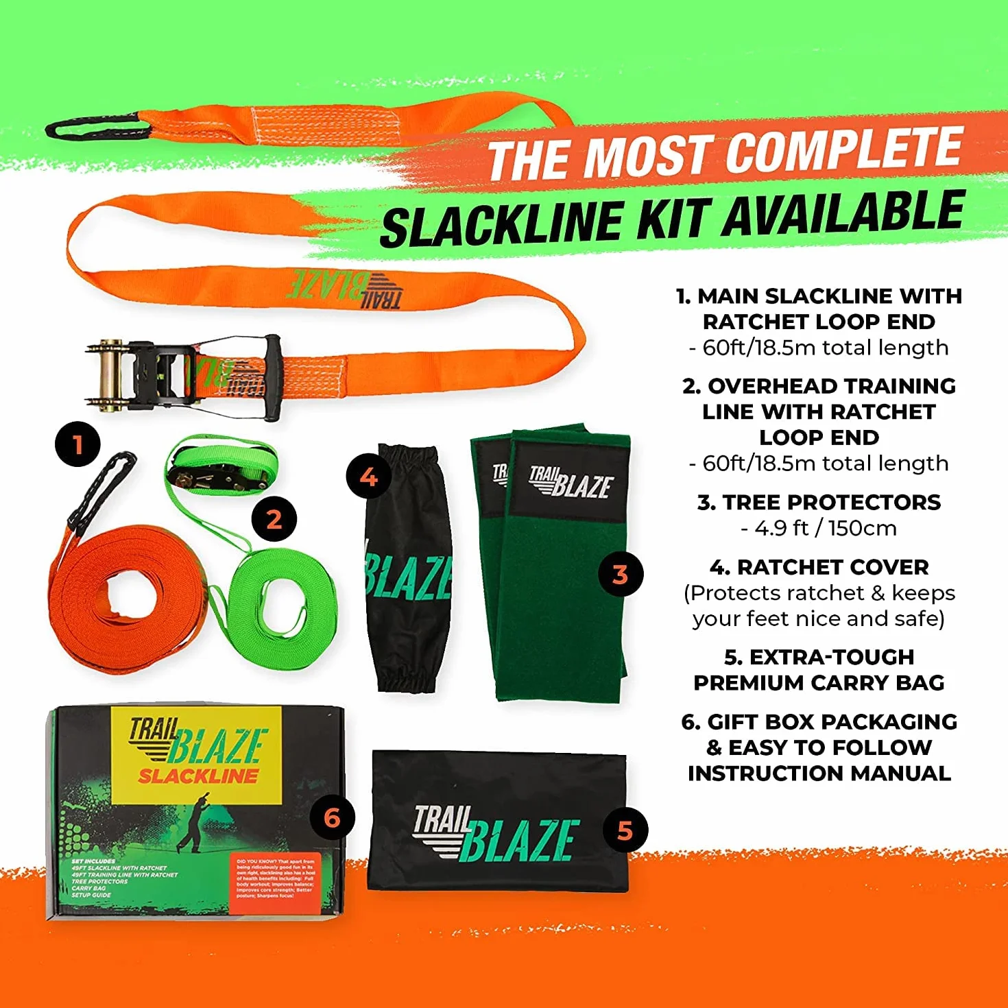 Slackline - Kit Completo para Principiantes, Correa de Aprendizaje Protectores, Bolsa de Transporte, última tecnología de trinquete y Mango ergonómicos, Actividad al Aire Libre