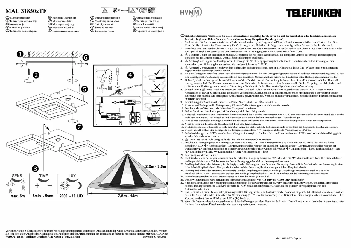 TELEFUNKEN Lámpara de techo LED con sensor de movimiento 12W 1200 lúmenes blanco cálido 470x226x74mm