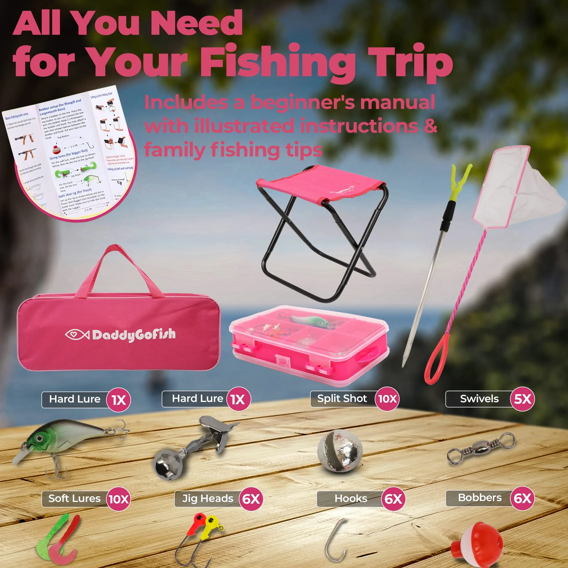 Daddy Go Fish Niños Caña de Pescar telescópica Spincast Combo Silla Plegable Soporte de Varilla Caja de Aparejos Red de Cebo Bolsa de Transporte Niños Niñas