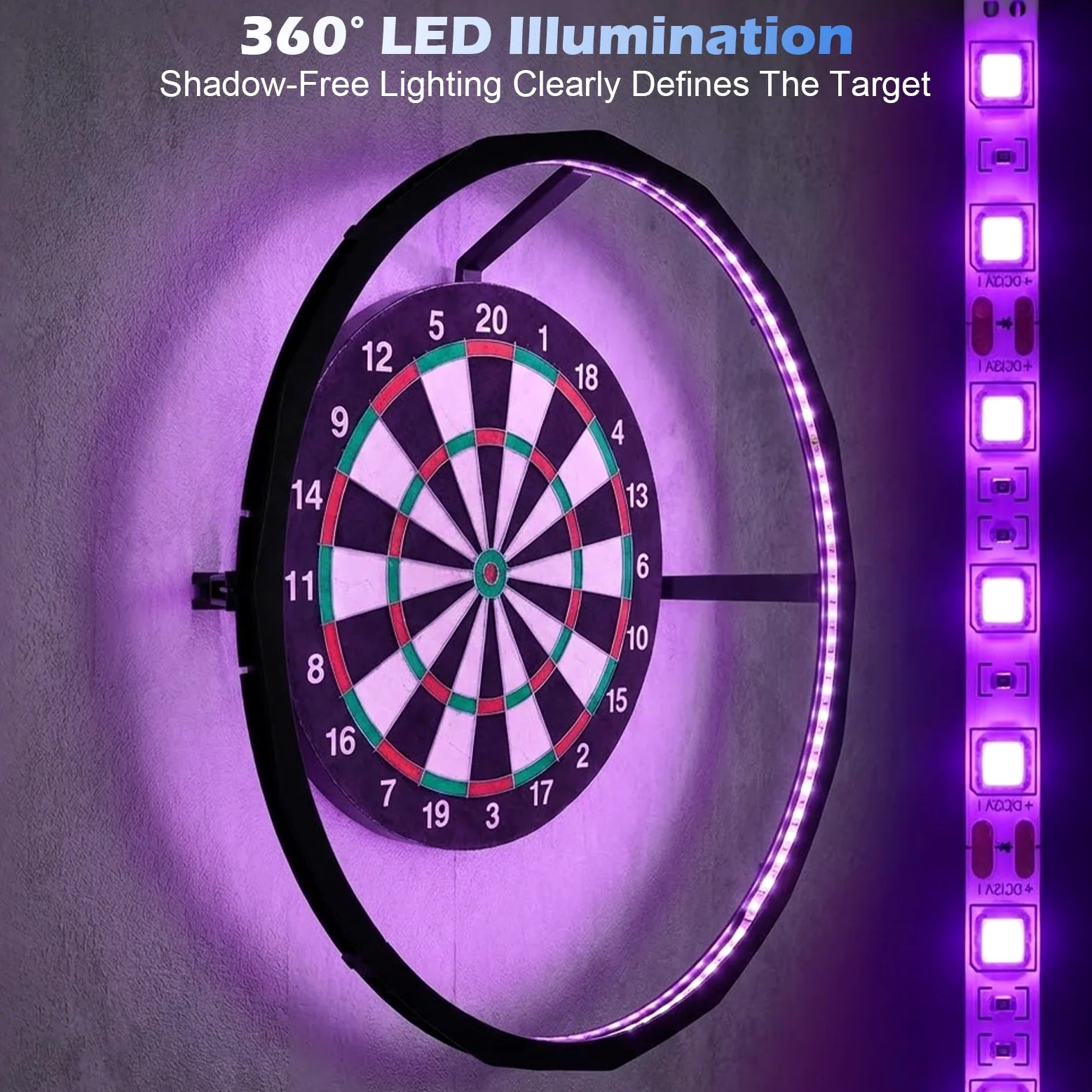 Iluminación para diana de dardos 120 LED, luz 360° sin sombras, anillo de luz compatible con diana estándar 45 cm