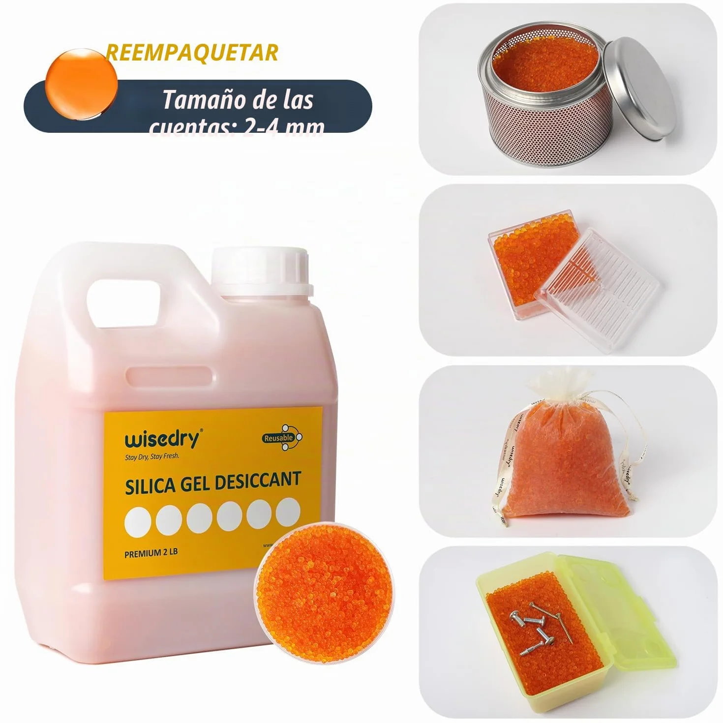 Wisedry Perlas Desecantes de Gel de Sílice Reutilizables 0,9kg Indicación de Color Naranja a Verde 2-4 mm