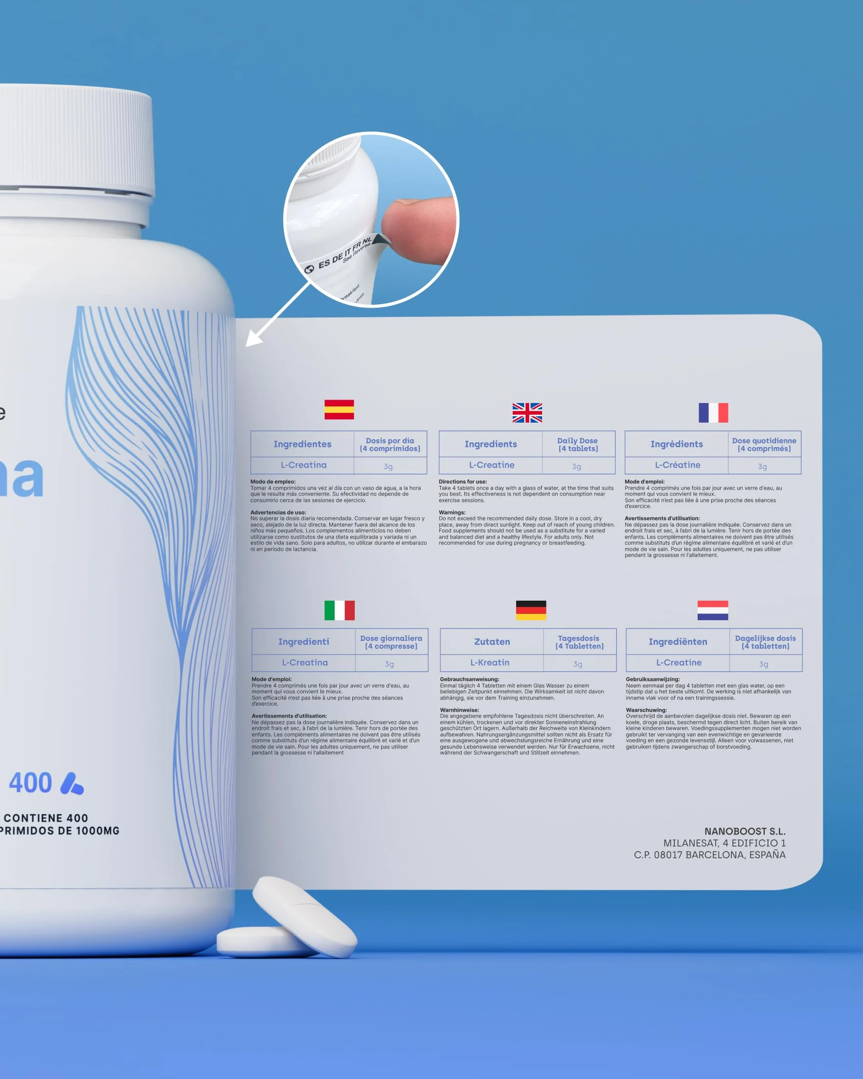 Creatina Monohidratada 3000 mg 400 comp Mejora Fuerza Masa Muscular Resistencia Vegano Sin Gluten No OGM