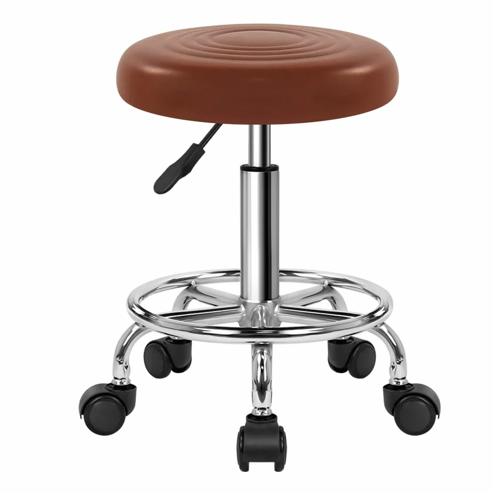 WKWKER Taburete de Belleza Redondo Rodante con Ruedas PU Cuero Giratorio Altura Ajustable Marrón