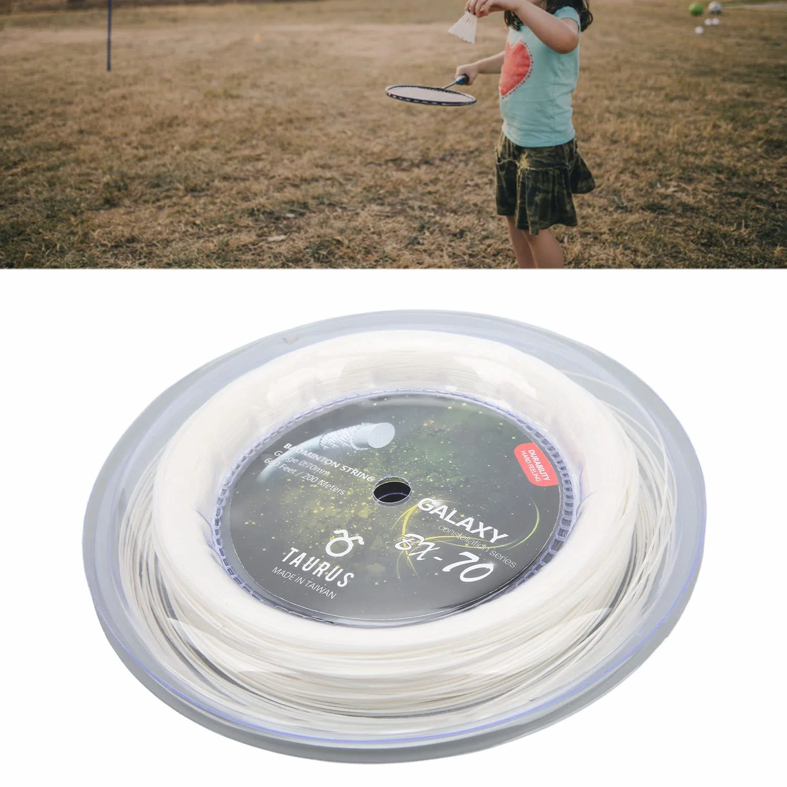 Keenso Cuerda de Raquetas de Bádminton POWERTI BX70, Cuerda de Raqueta de Bádminton de Nailon de Alta Elasticidad, Cuerda de Bádminton de 0,7mm, Carrete de 200m (Blanco)