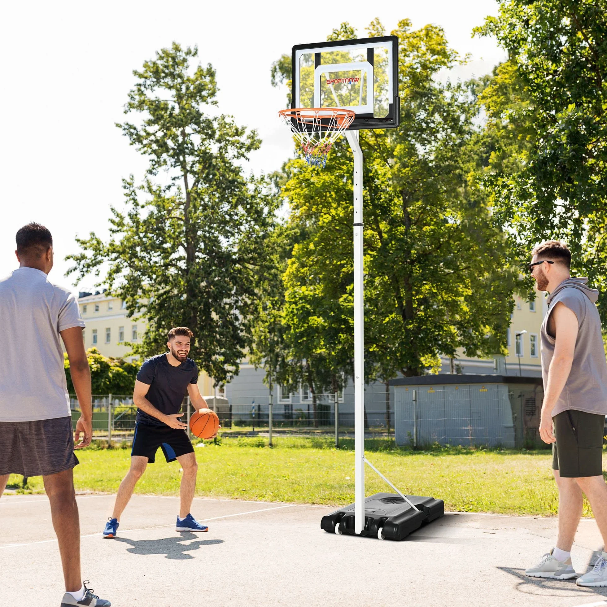 SPORTNOW Canasta de Baloncesto con Ruedas Altura Ajustable 245-305 cm Aro Portátil Tablero PVC Base Rellenable Exteriores 90x83x310-360 cm Blanco