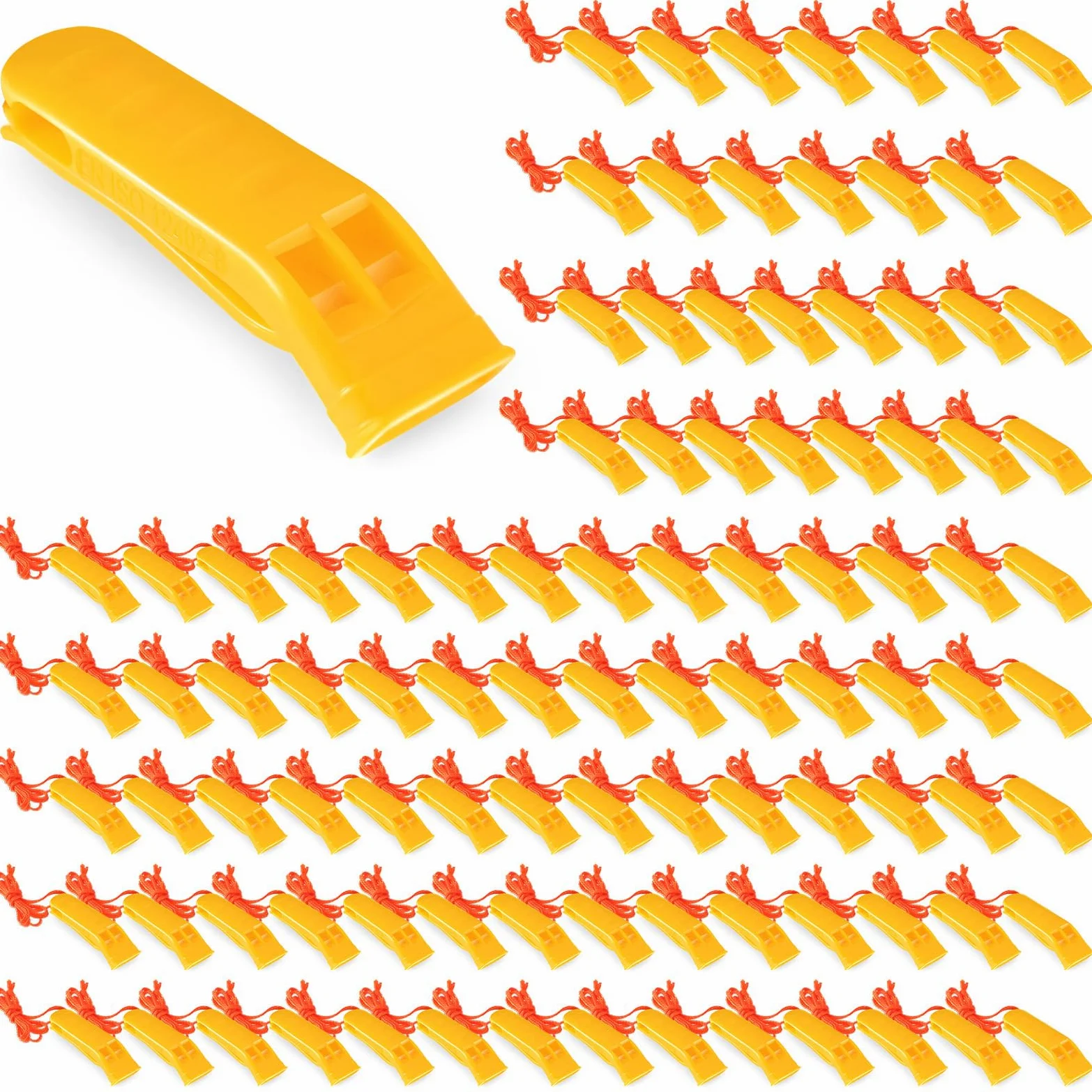 100 silbatos de emergencia con cordón de seguridad, silbato de supervivencia, silbato fuerte para seguridad, camping, senderismo, barco, caza, supervivencia, señalización de rescate (amarillo)