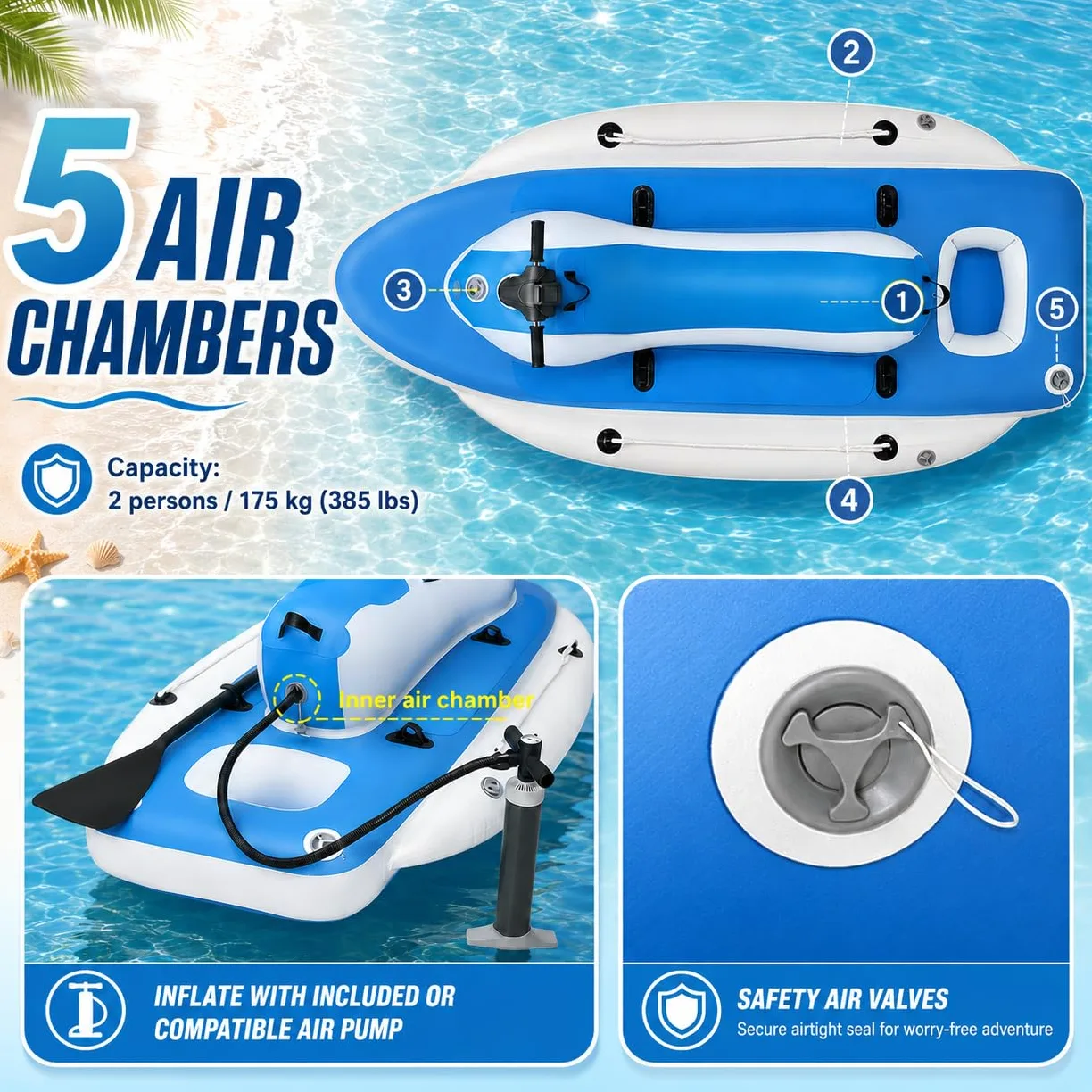 Barca Hinchable Mejorada para Snorkel y Mar Unpowered | Descubrimiento aguas profundas, doble control, maniobras rápidas, snorkel oceánico, construcción exterior