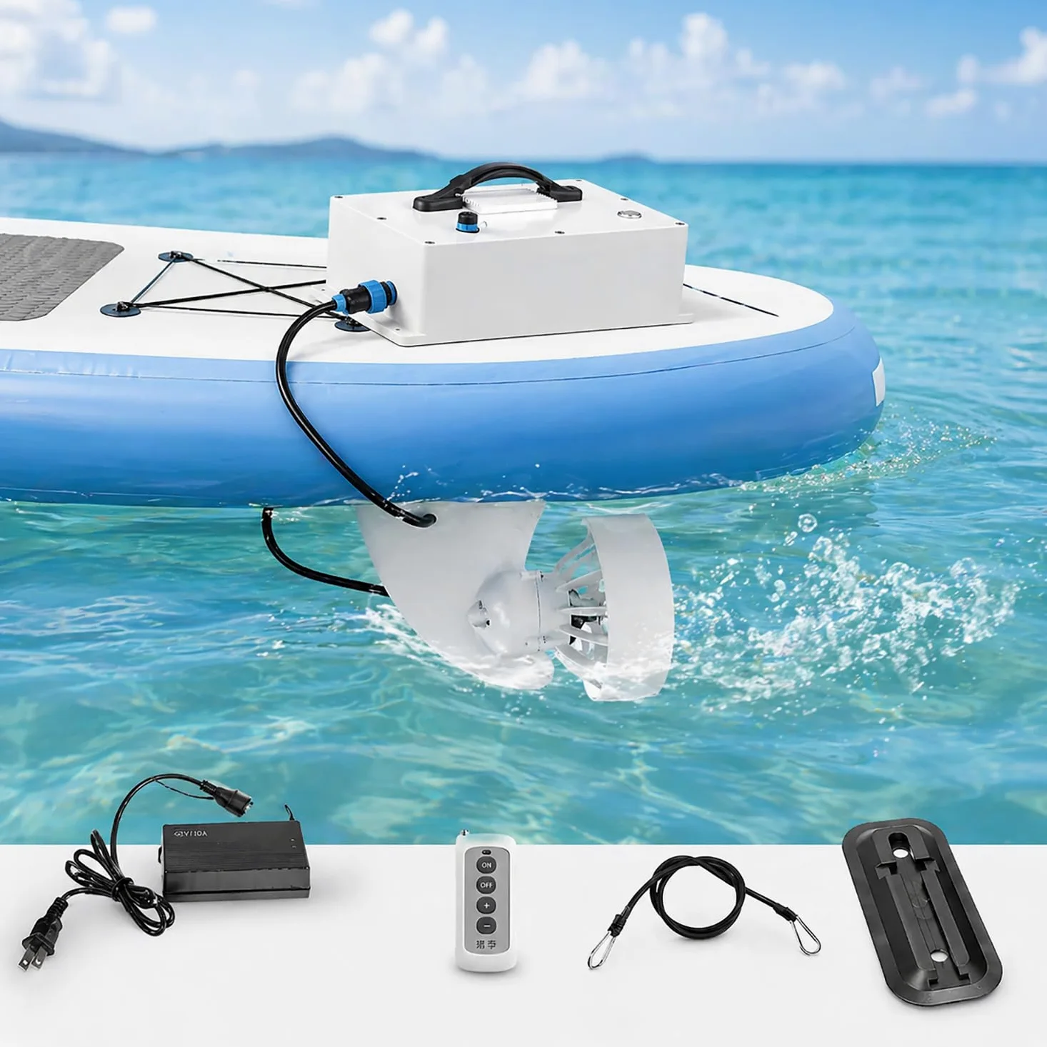 Motor eléctrico para kayak hinchable y aleta eléctrica SUP, propulsor subacuático 24V/36V, 380W/630W/2500W, cuerpo 2,3/2,4 kg, base slide-in para lago, río, costa y tabla SUP Q120/45mins6-7km/h380W