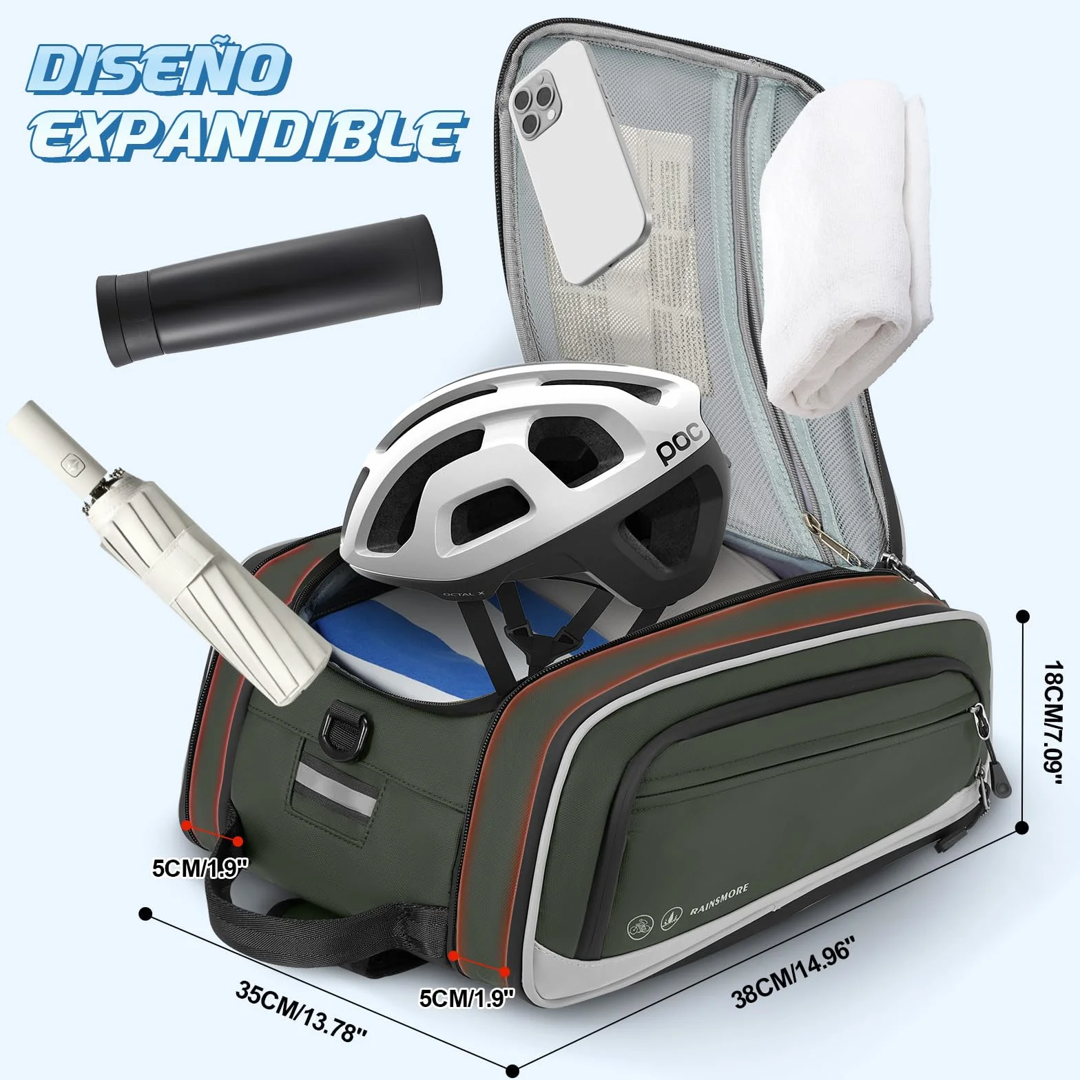 RAINSMORE Alforjas Bicicleta Impermeables 15L Expandibles Bolsa Bicicleta con Funda de Lluvia Reflectante Bolsas para Bicicleta Trasera Ciclismo Urbano y Bicicleta Eléctrica Verde