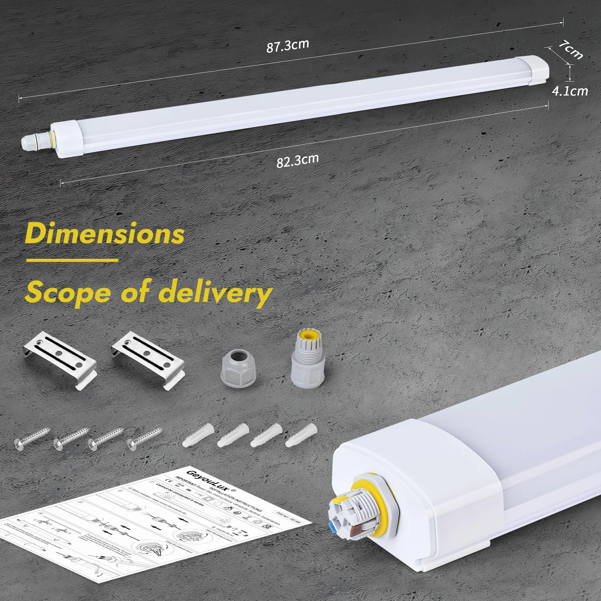 GeyouLux Fluorescente LED 90cm Plafon 30W 3780lm 5000K IP65 Estanca Tubo 144 LEDs Blanco Cocina Taller