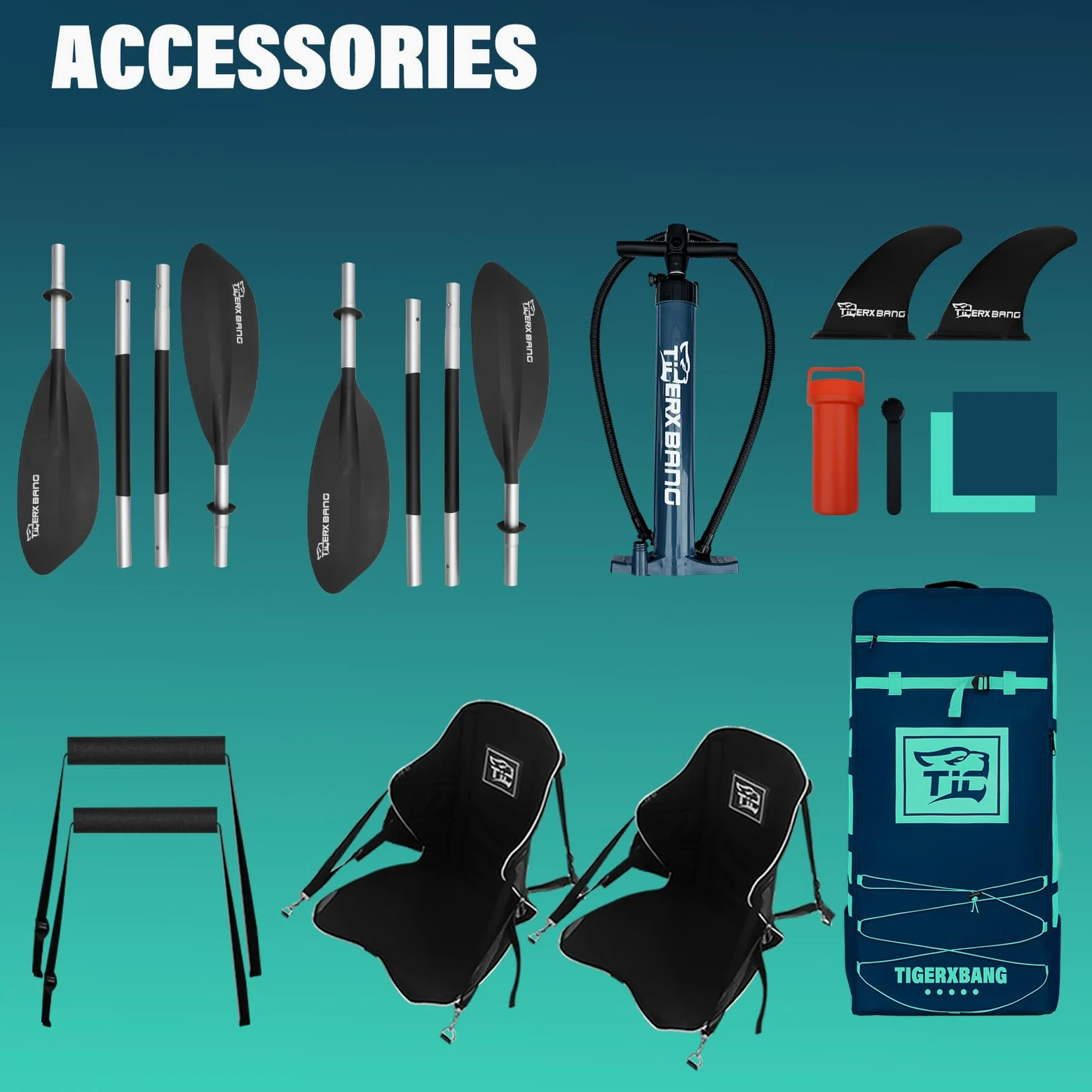 TIGERXBANG Kayak inflable para 2 personas, kayak de turismo de 420 cm para adultos y niños con asiento extraíble, paletas dobles, reposapiés, bomba de mano y accesorios