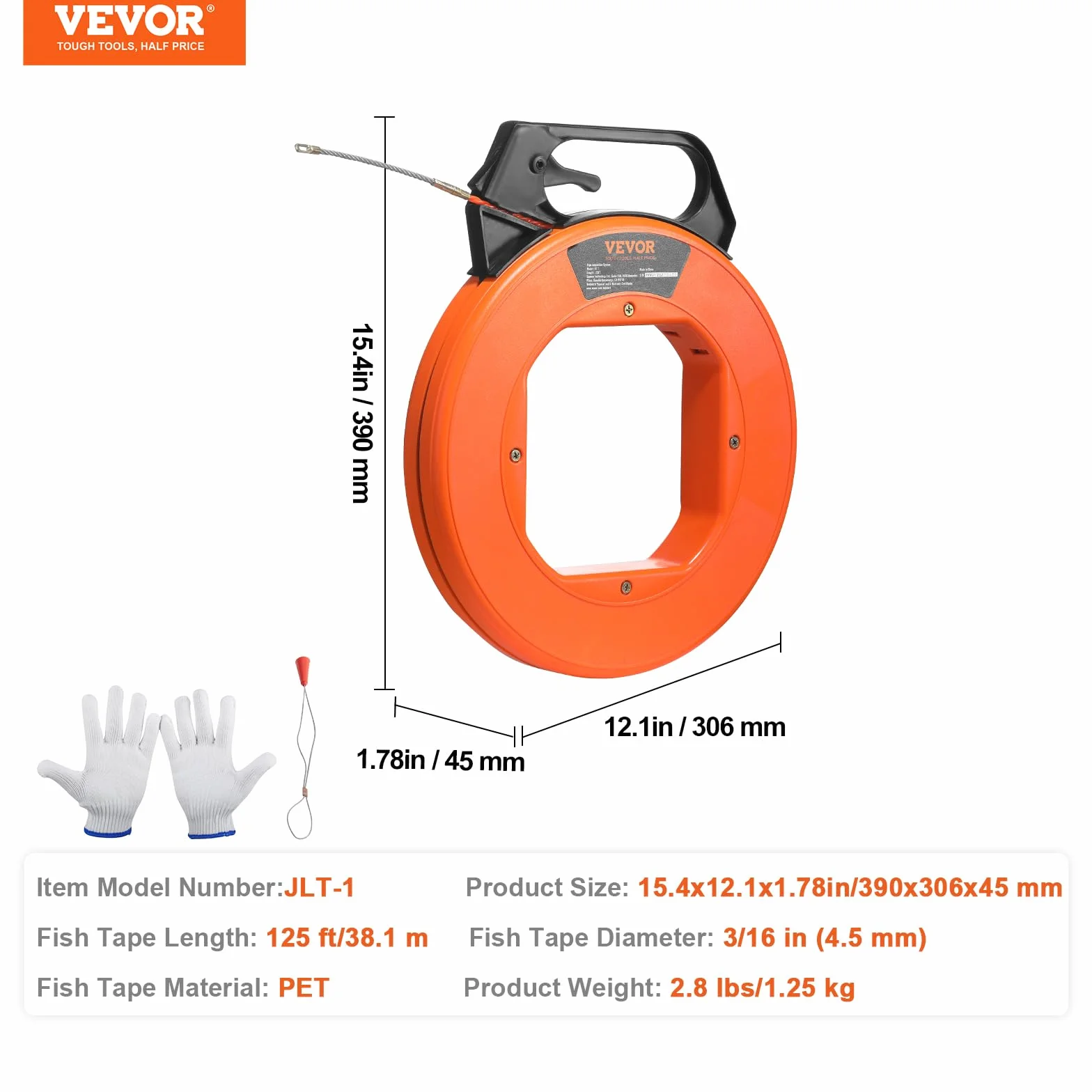 VEVOR Carrete de Cinta para Peces Longitud de 38,1 m Diámetro de 6,35 mm Extractor de Alambre PET Cinta de Pescar con Carcasa y Mango Herramientas de Pesca de Alambre Flexible con Caja de Plástico